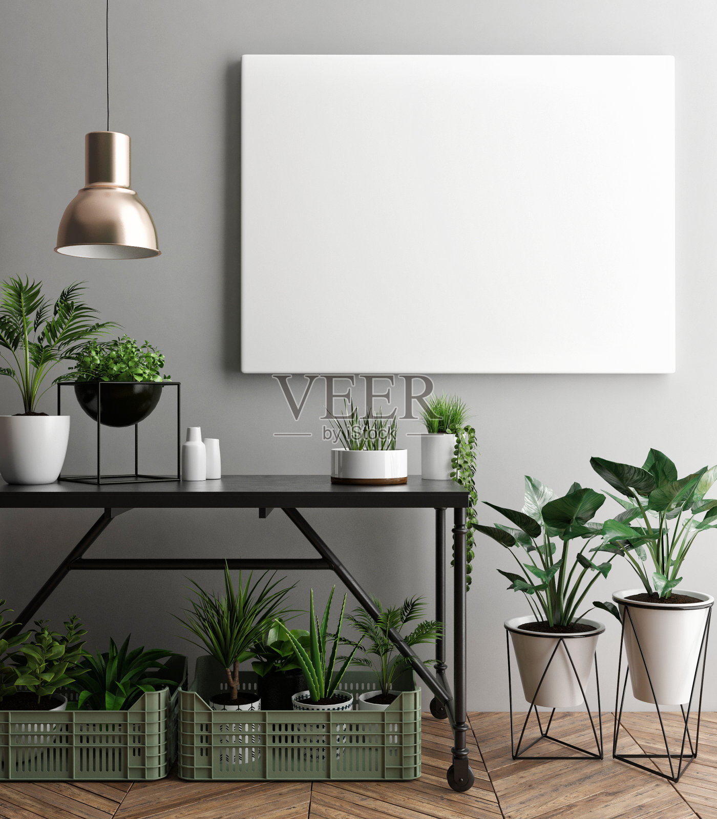 室内海报模型与空框架和植物在房间插画图片素材
