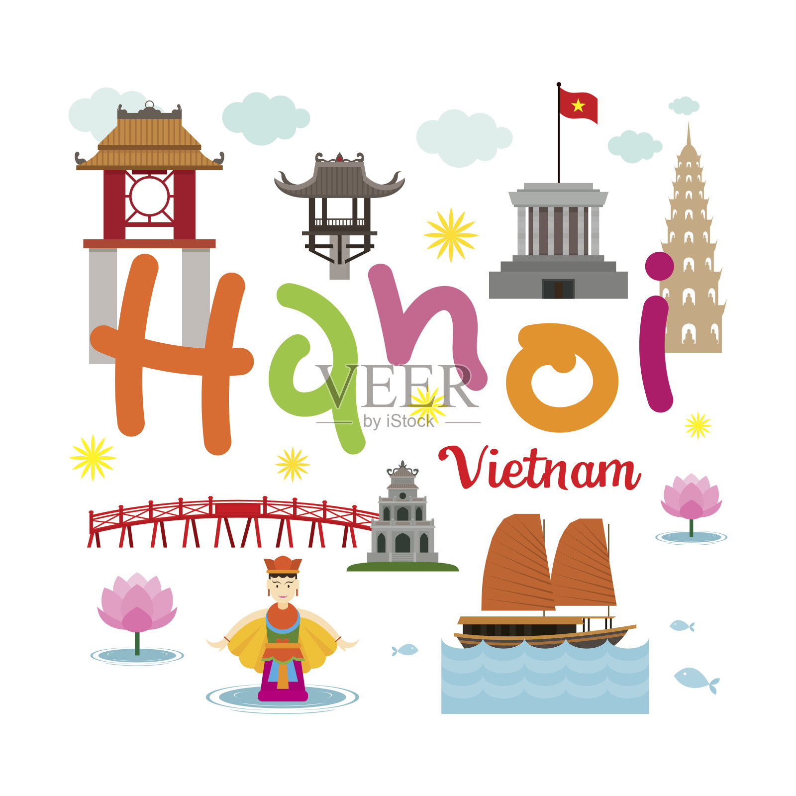 越南河内旅游景点插画图片素材