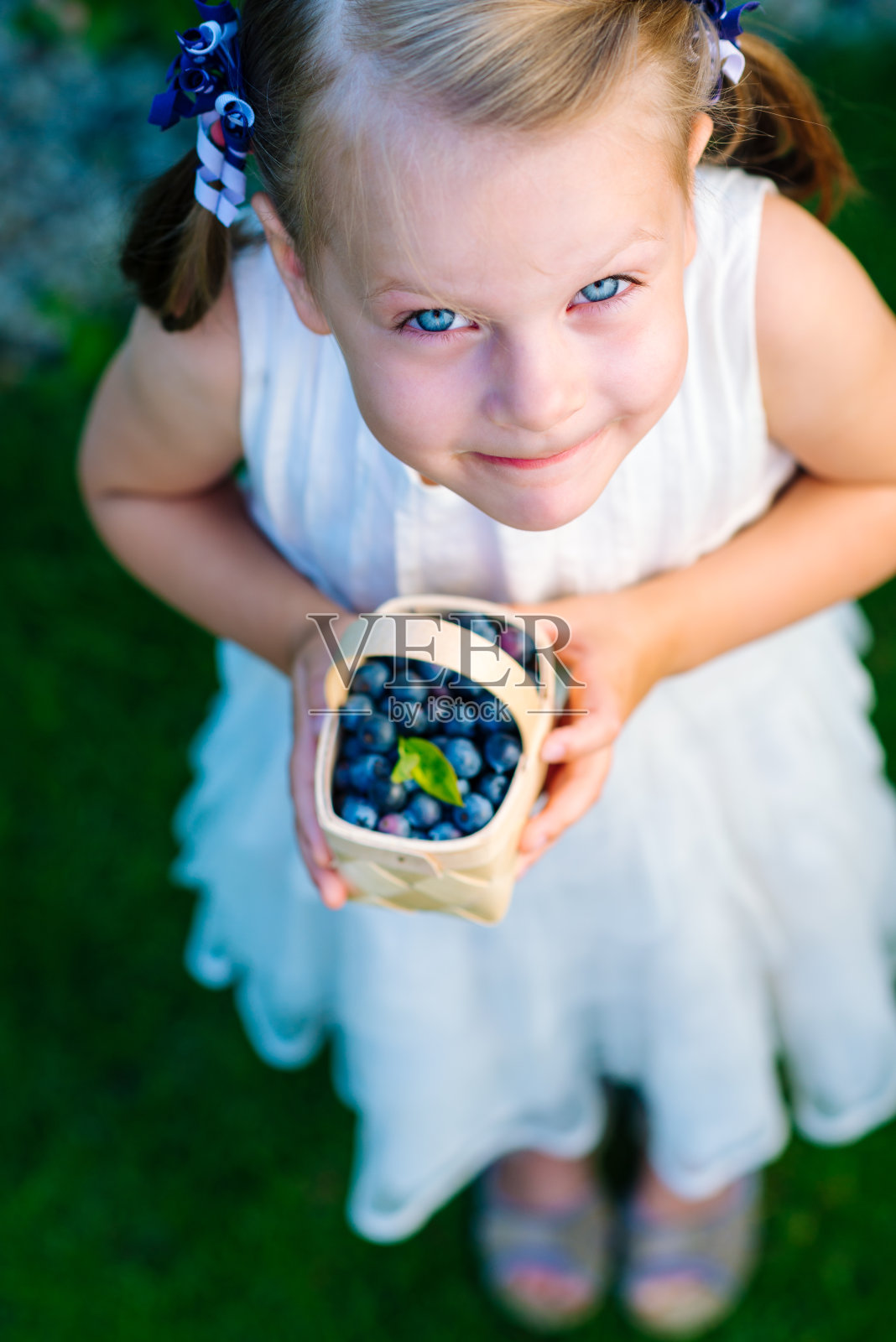 小女孩拿着一篮蓝莓-浅景深的视野-俯视图照片摄影图片