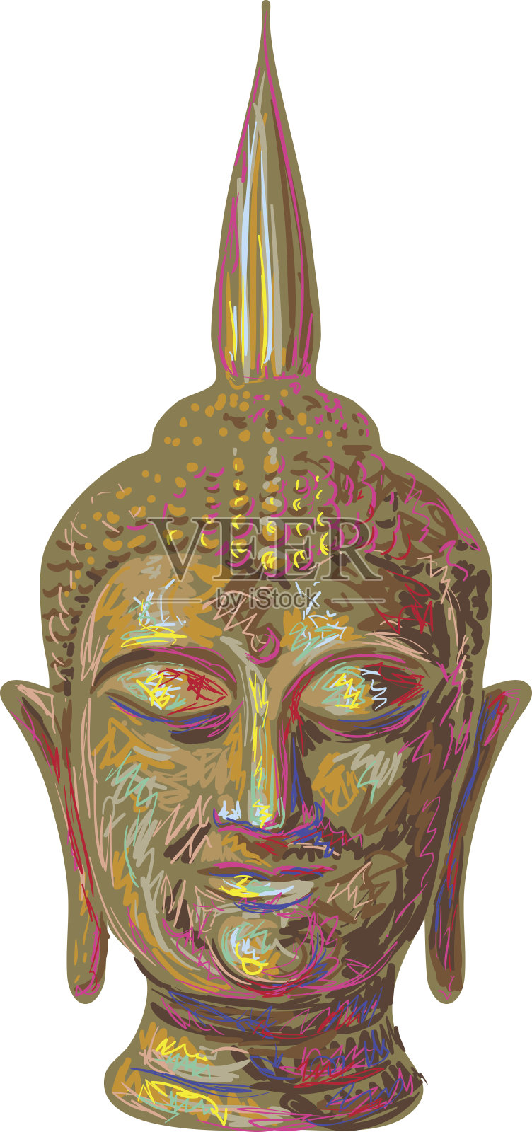 佛陀神的头草图矢量插图在白色的背景。泰国神，瑜伽禅。印度佛教。精神上的深奥的主题。纹身、瑜伽、灵性设计。手绘佛首插画图片素材