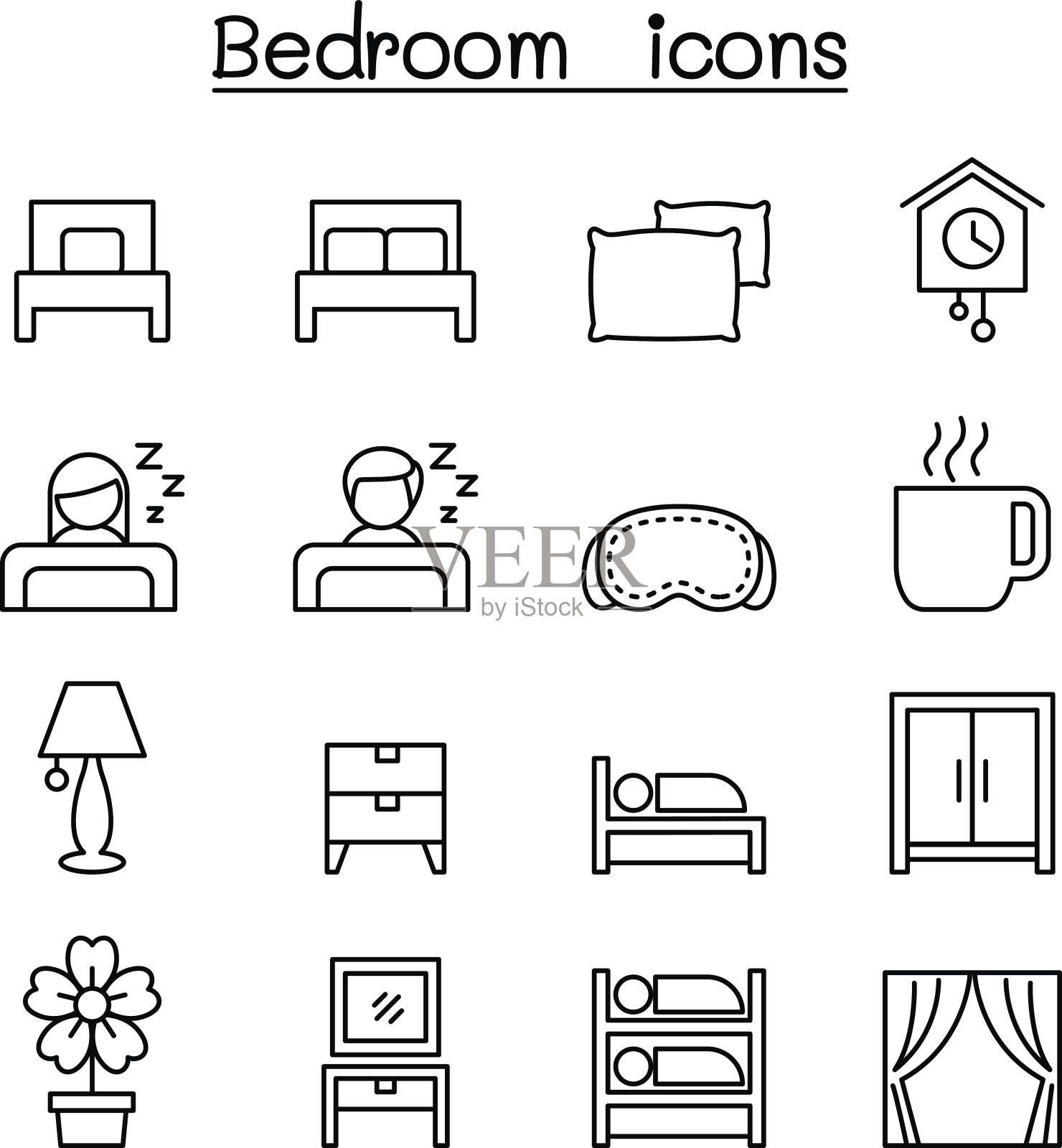 卧室图标设置在细线风格图标素材