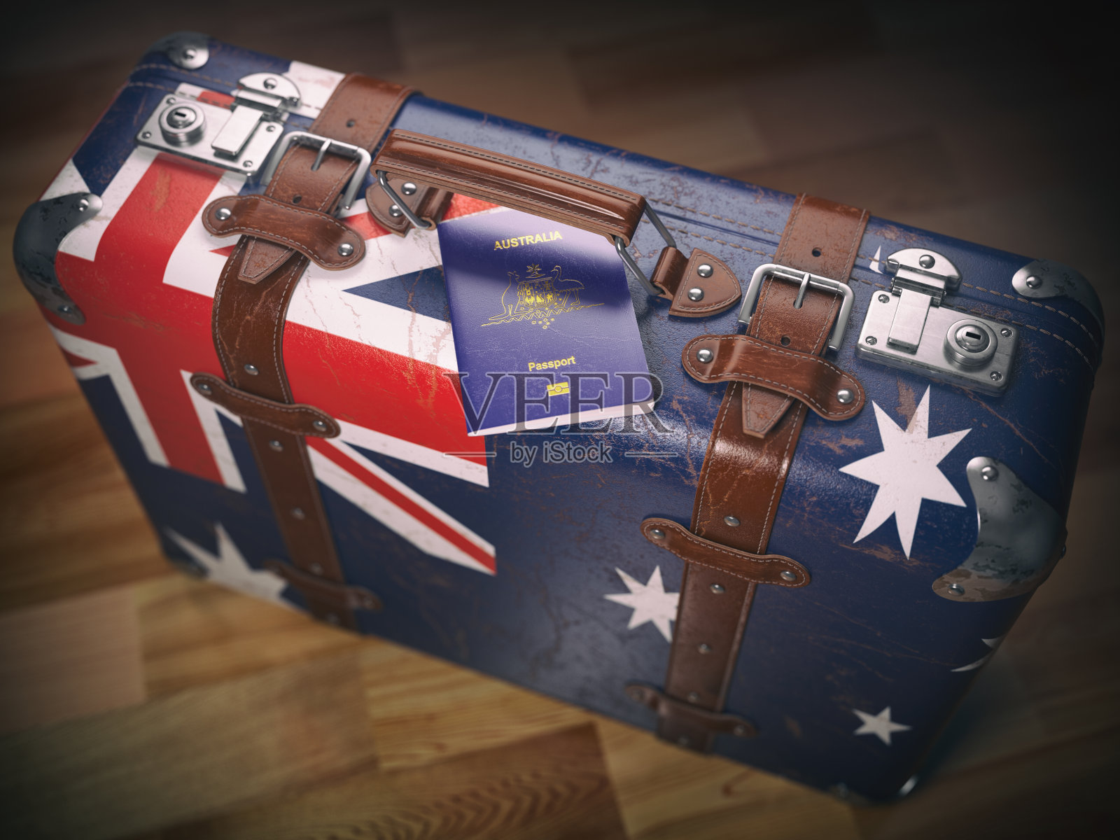 澳洲护照及带有澳洲国旗的旅行箱。照片摄影图片