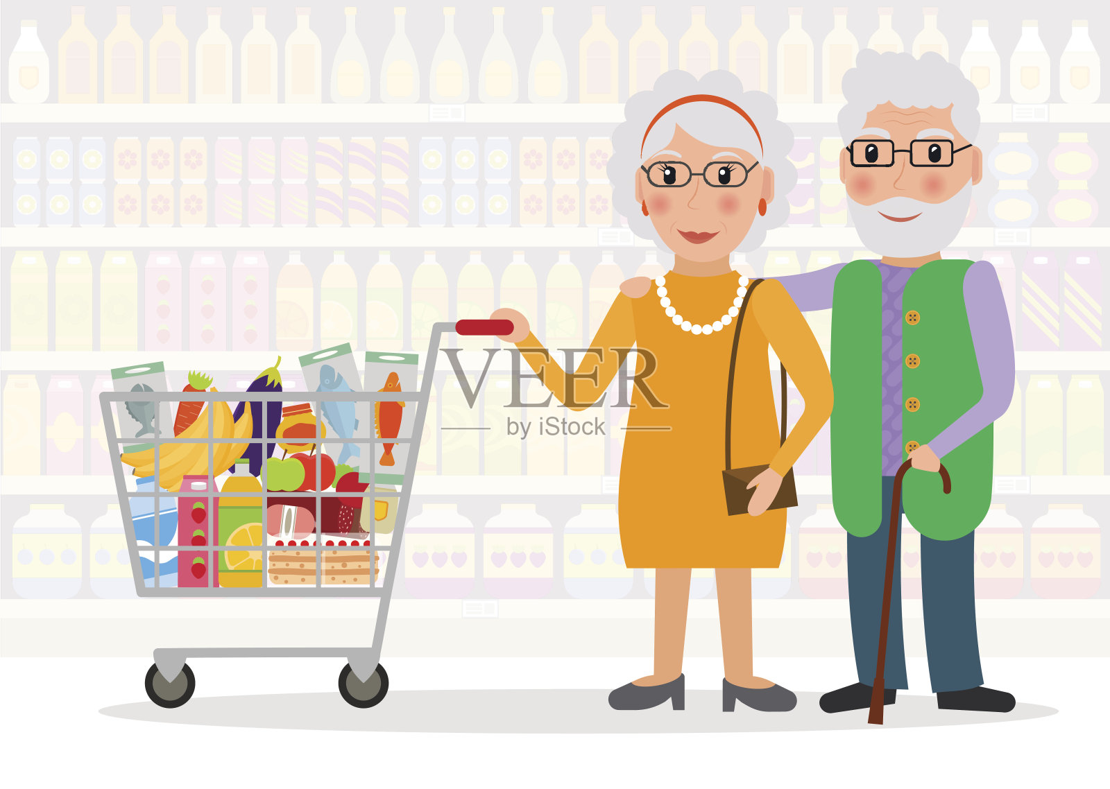 老年人购物。一对退休夫妇推着购物车在超市里买食物。EPS10矢量插图在平面风格。插画图片素材