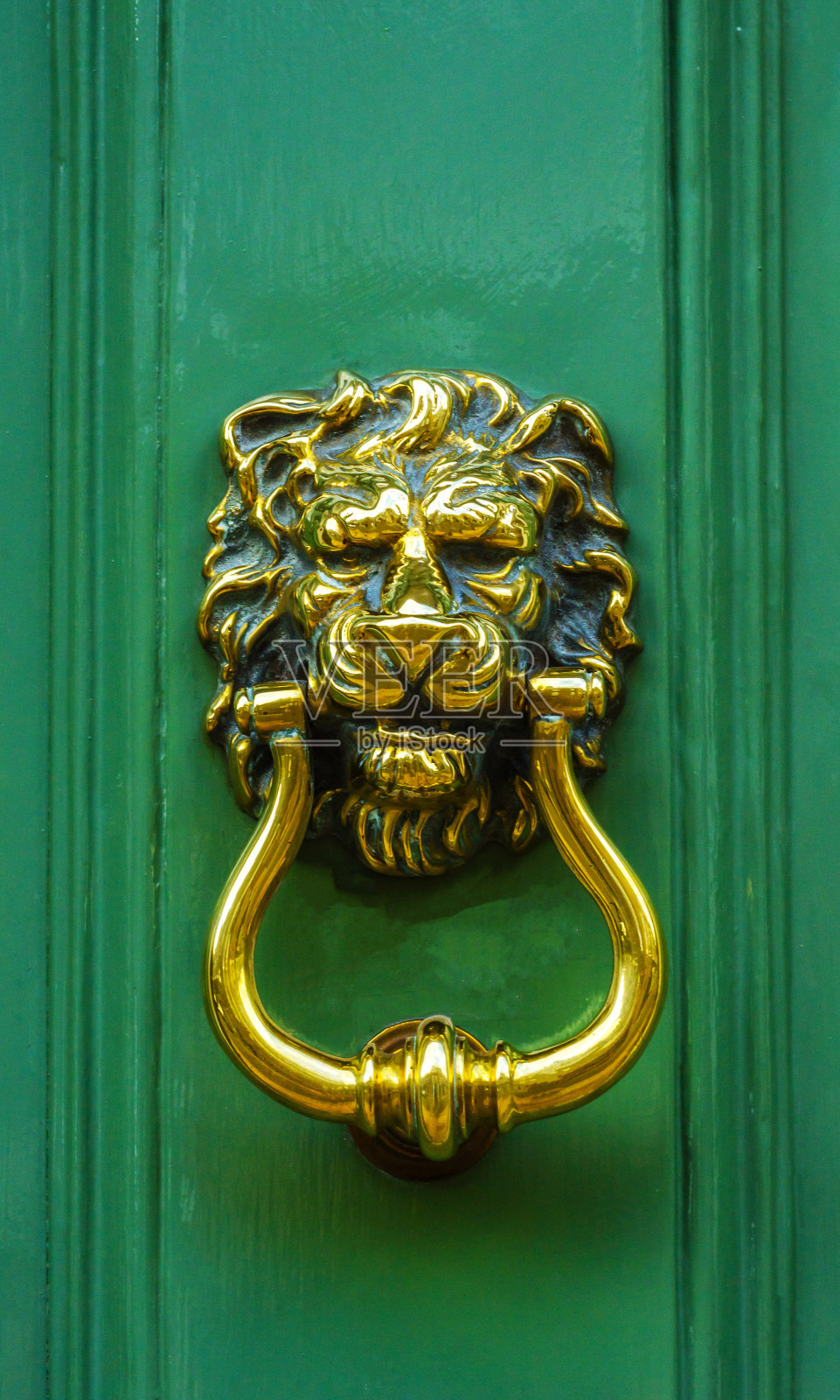 门上有狮子头形的黄铜门环，入口很漂亮照片摄影图片