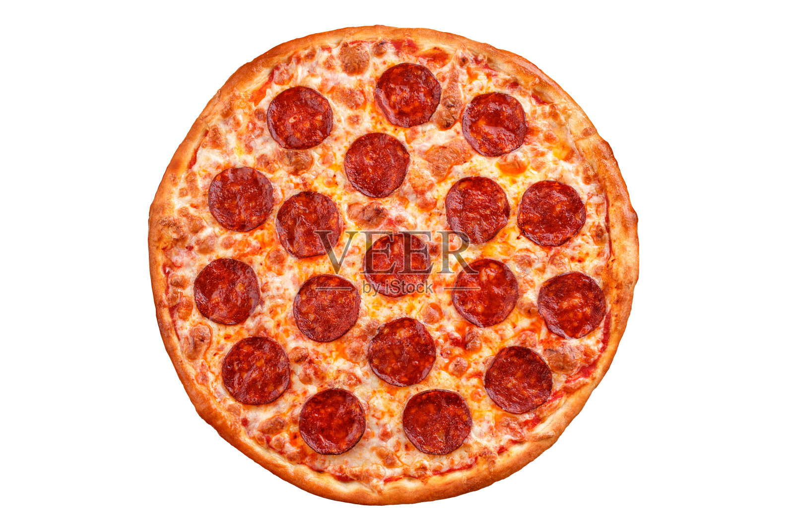 意大利辣香肠比萨饼。白底意大利披萨。照片摄影图片