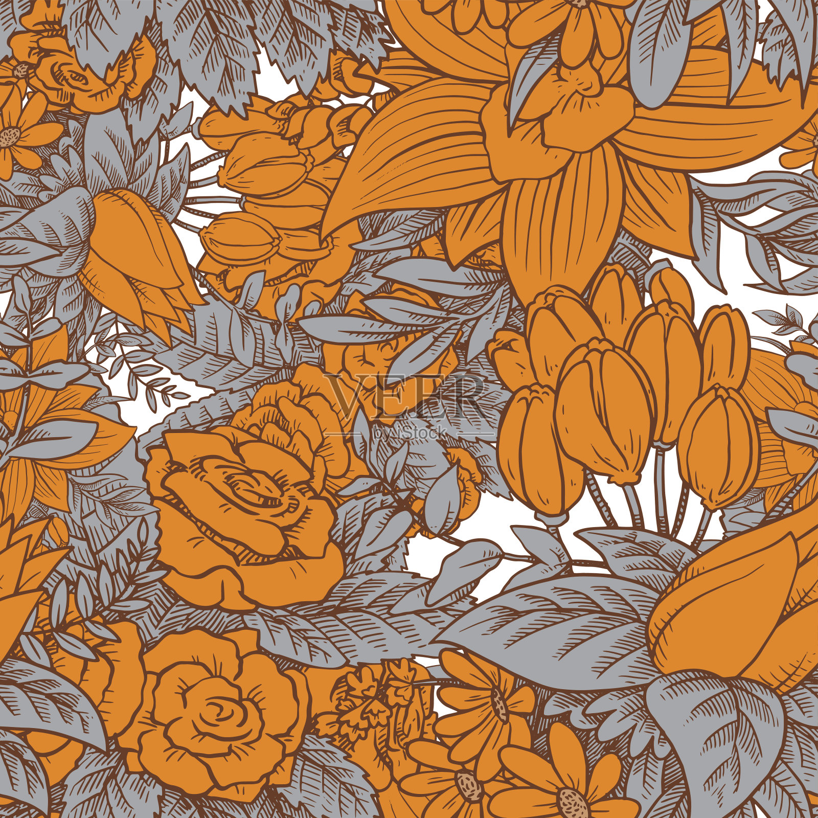 无缝花卉图案与美丽的橙色花插画图片素材
