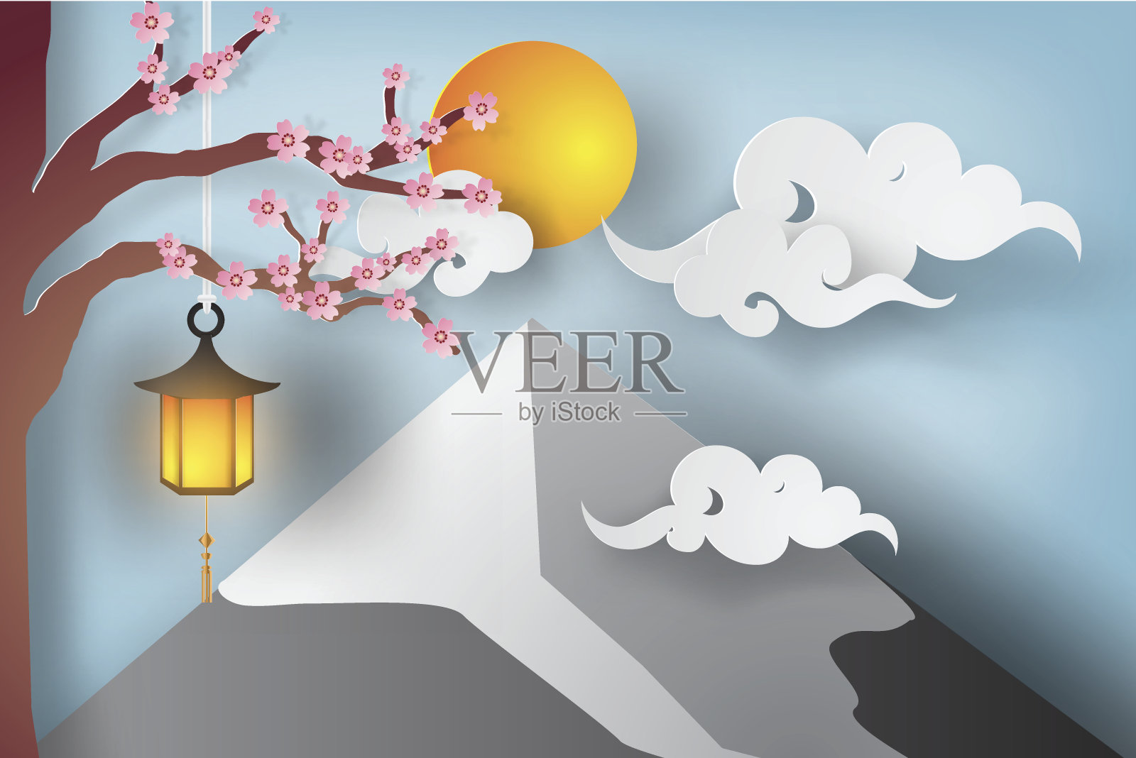 樱花花枝、云和富士山的美丽风景。矢量和插图设计插画图片素材
