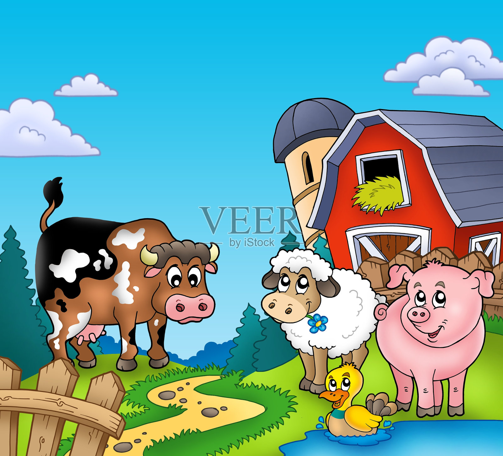 红色谷仓里有农场动物插画图片素材