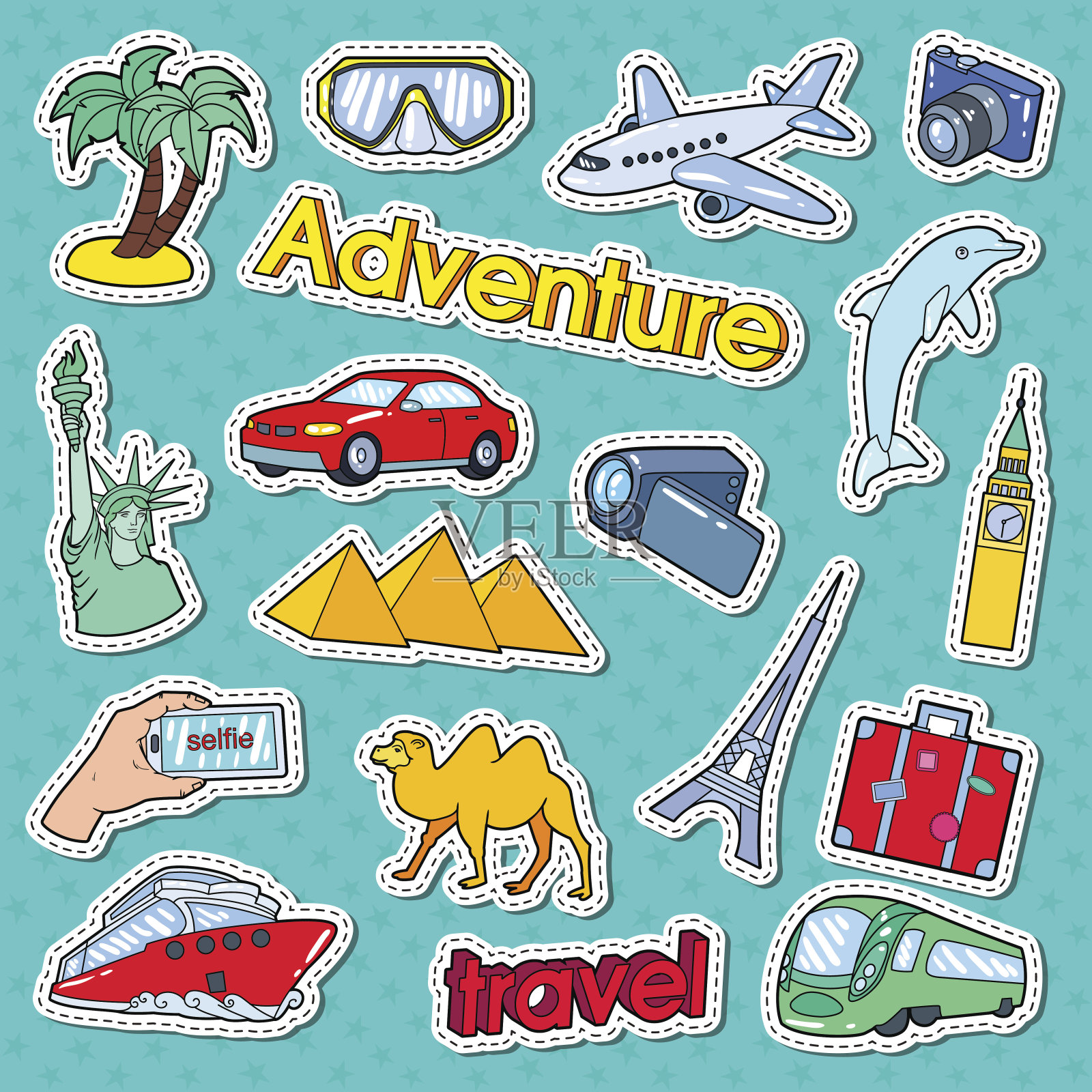 旅行冒险涂鸦。贴纸、徽章插画图片素材