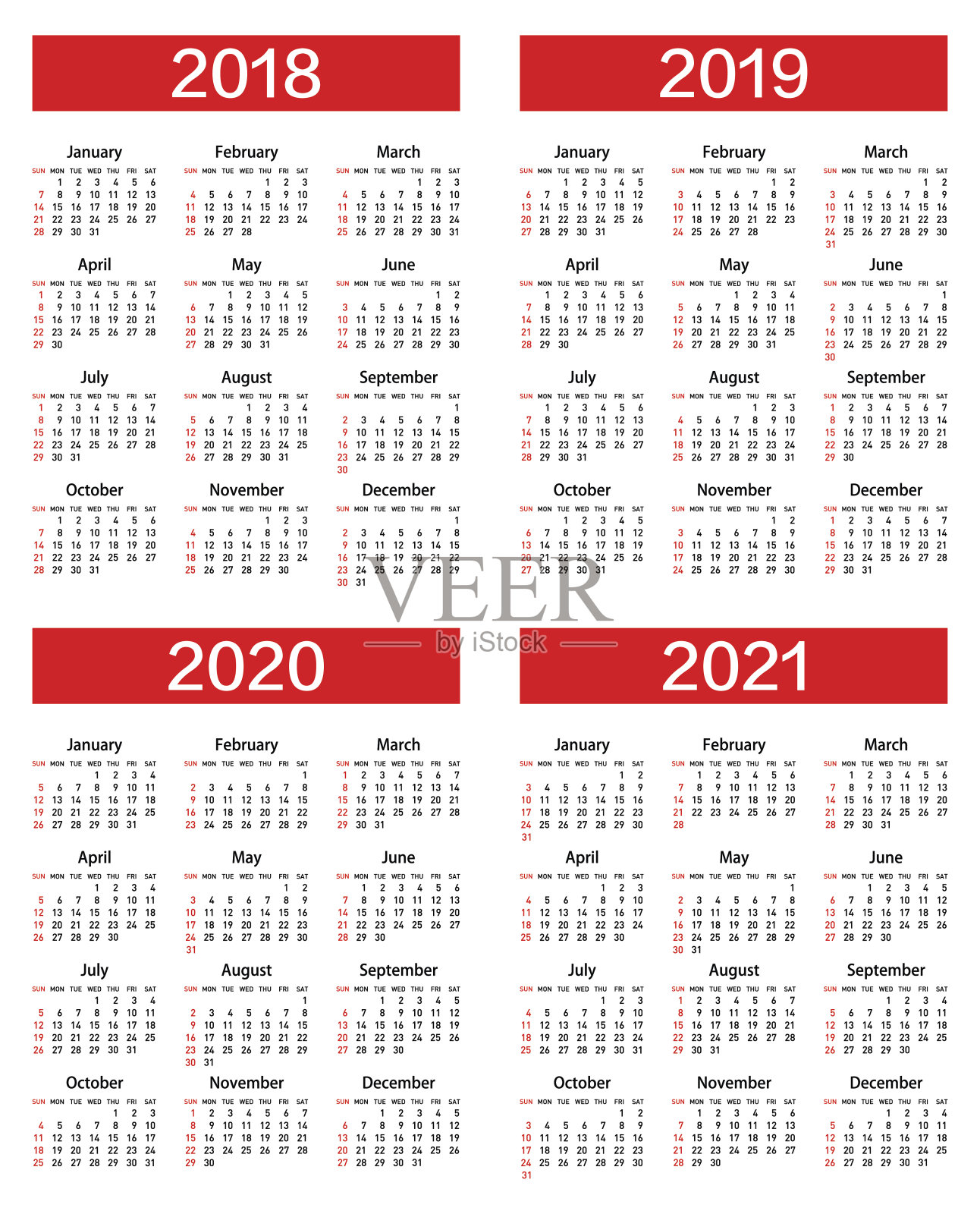 2018年、2019年、2020年、2021年矢量日历插画图片素材