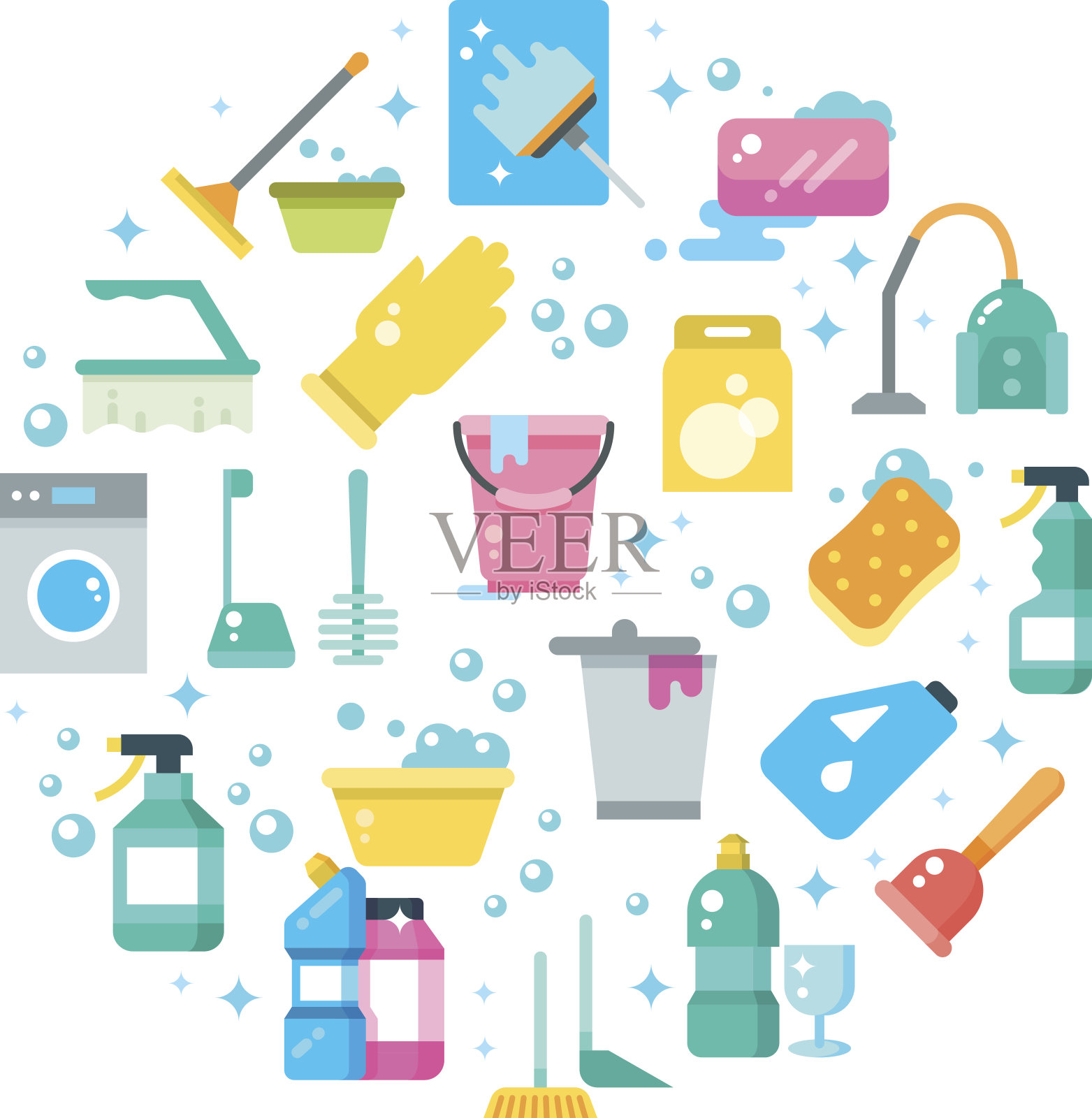清洁房屋概念与清洁和清洗工具矢量图标插画图片素材