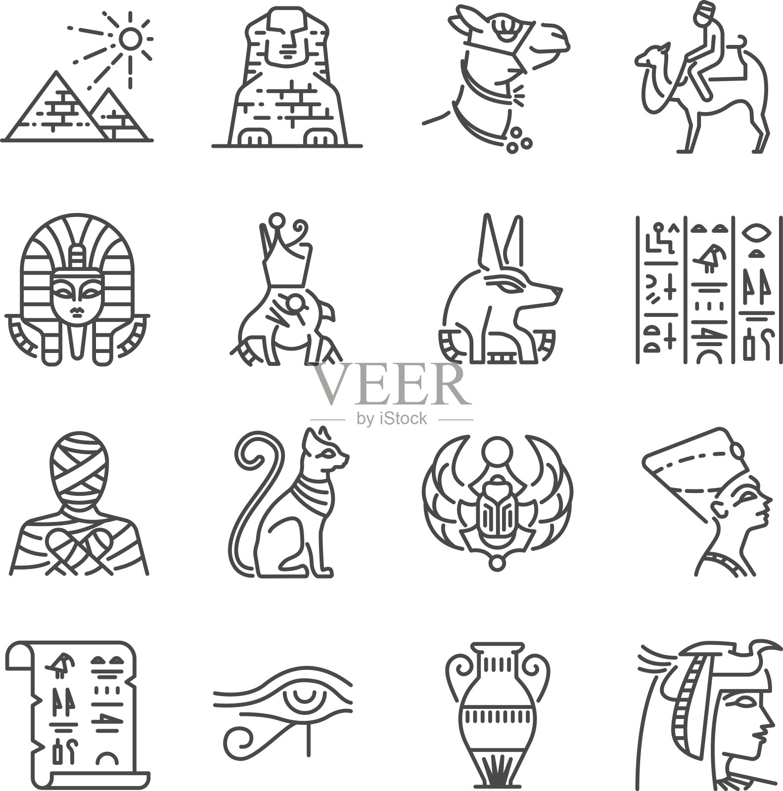 埃及线图标设置。包括像法老，金字塔，木乃伊，阿努比斯，骆驼等。插画图片素材
