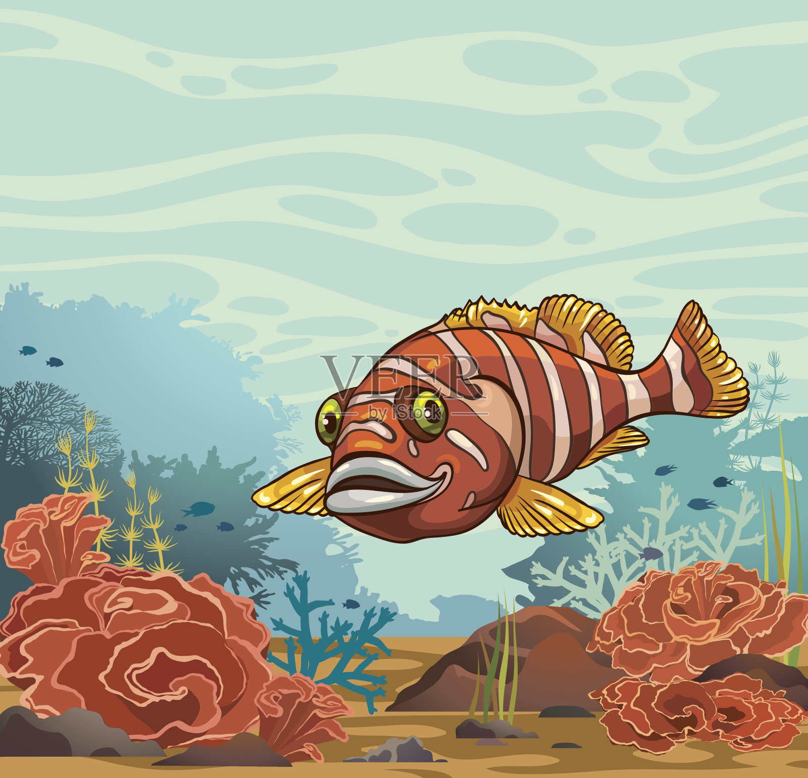有趣的卡通鱼和珊瑚礁。水下插图。插画图片素材