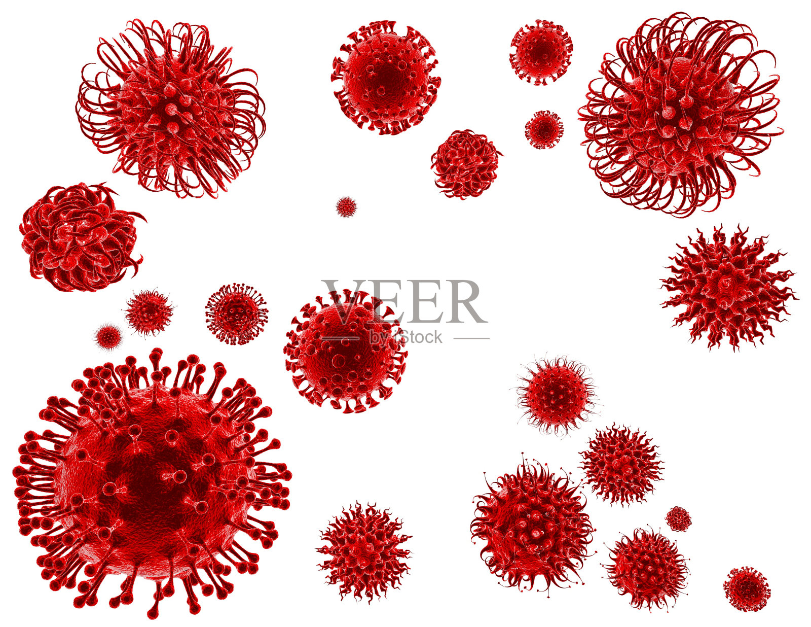 红色抽象病毒隔离在白色背景3D渲染。照片摄影图片