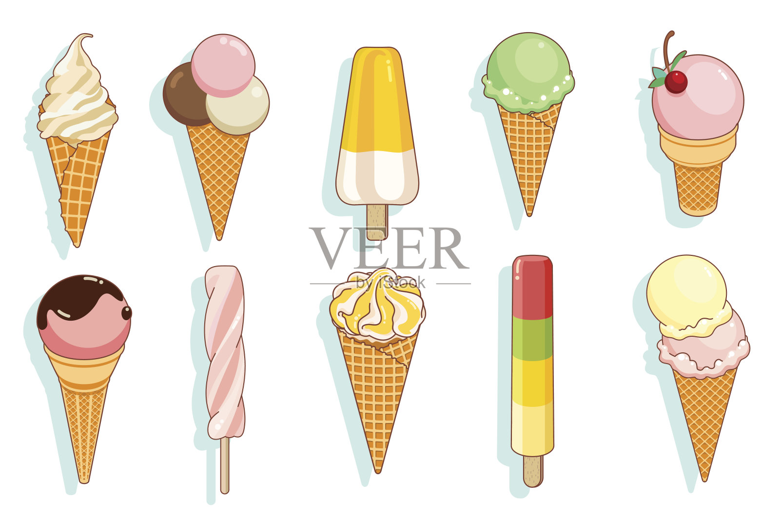 一套彩色美味的孤立的冰淇淋在一个白色的背景。矢量插图。插画图片素材