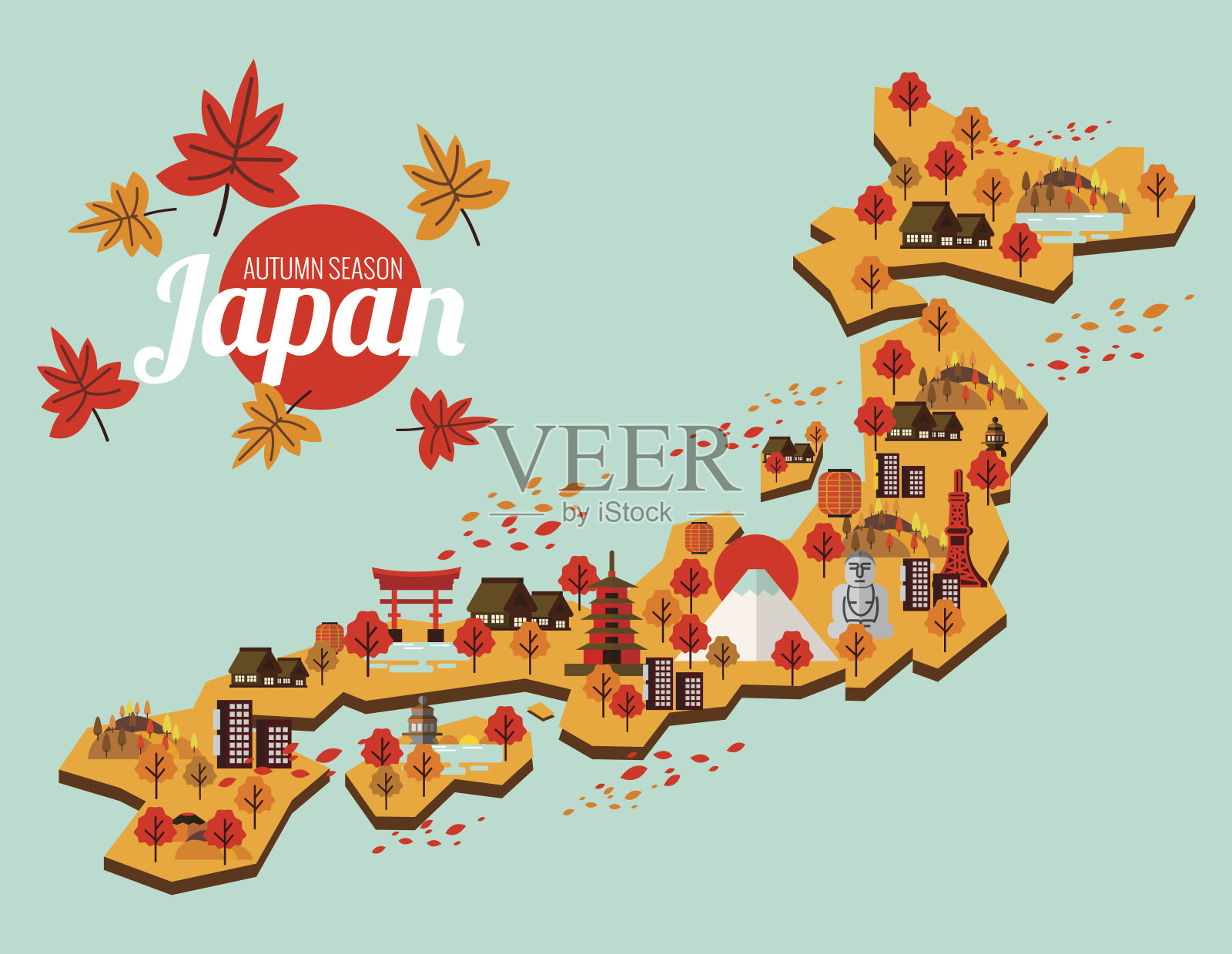 日本旅游地图。日本的秋天。插画图片素材