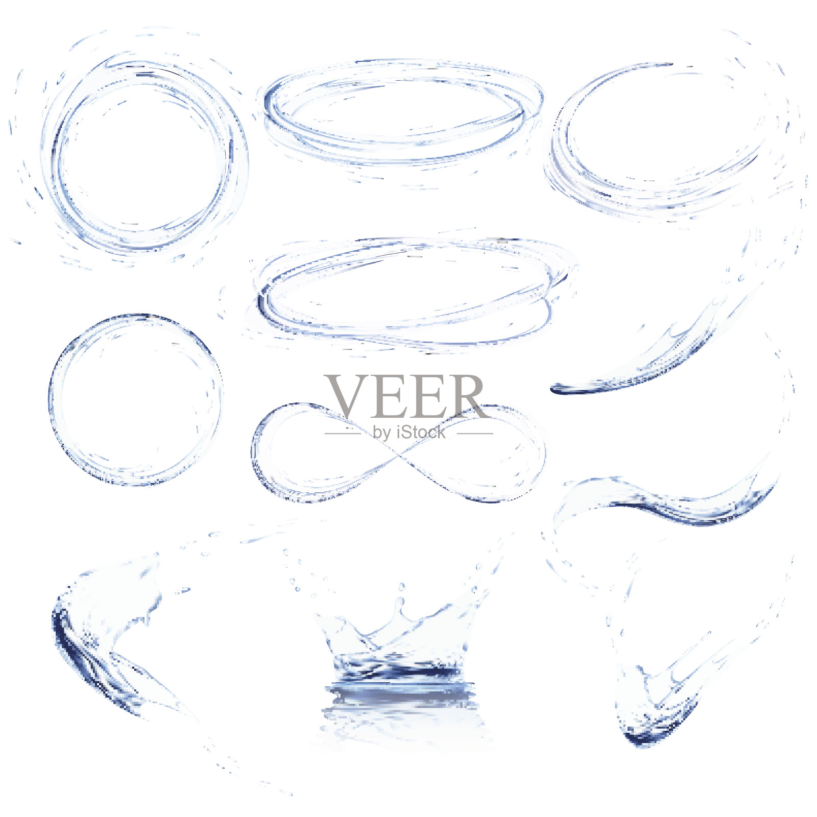 一套透明的水飞溅，圆圈，漩涡，水滴和皇冠从落入浅蓝色的水，孤立的白色背景。设计元素图片