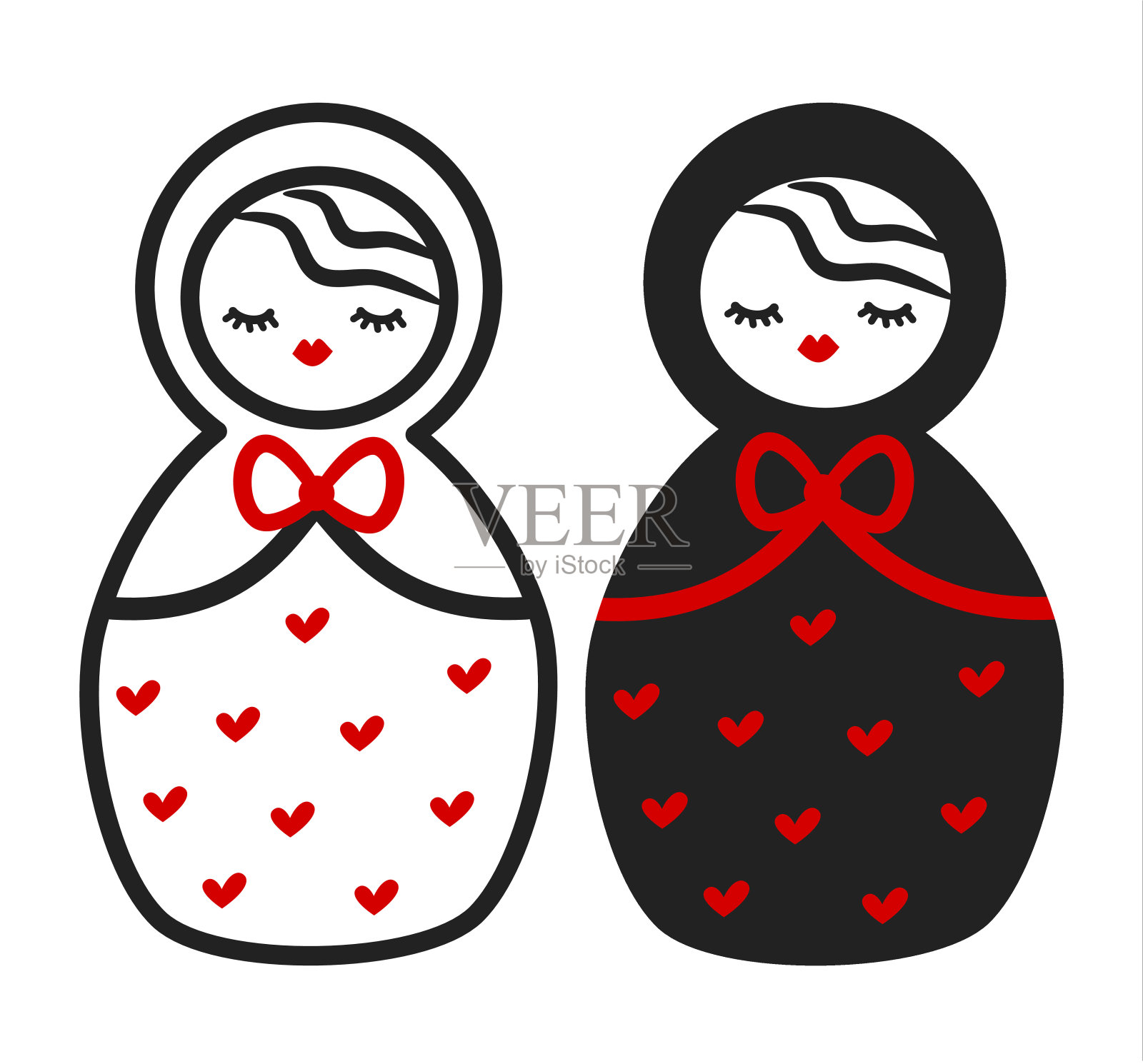 可爱的黑白红俄罗斯套娃，俄罗斯传统木制娃娃矢量插画插画图片素材