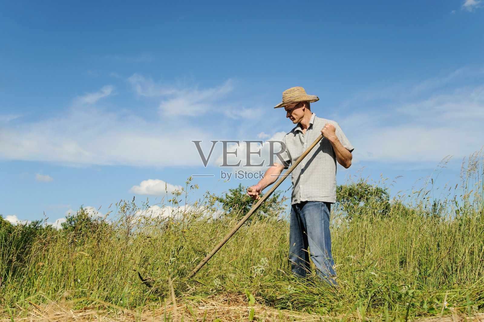 一个男人正在割草。照片摄影图片