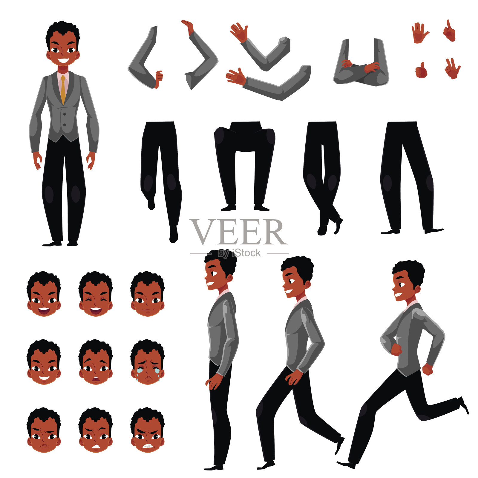 黑人，非裔美国人的性格塑造，不同的手势，情绪设计元素图片