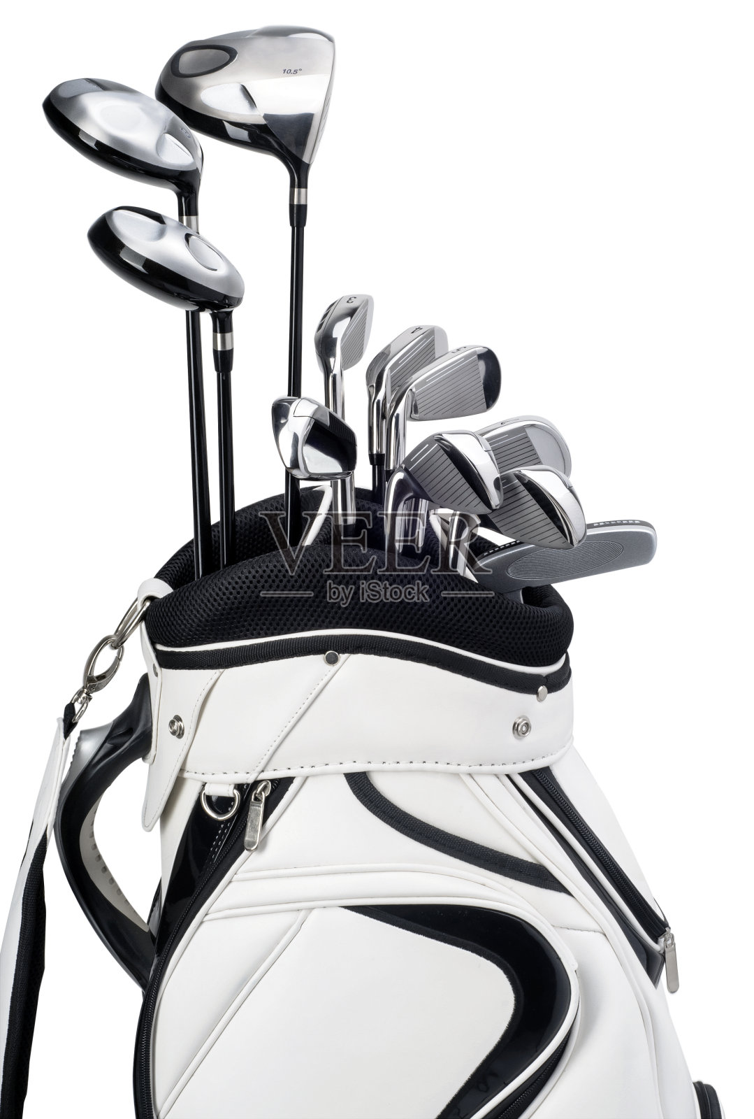 高尔夫球杆在白色和黑色包孤立在白色照片摄影图片