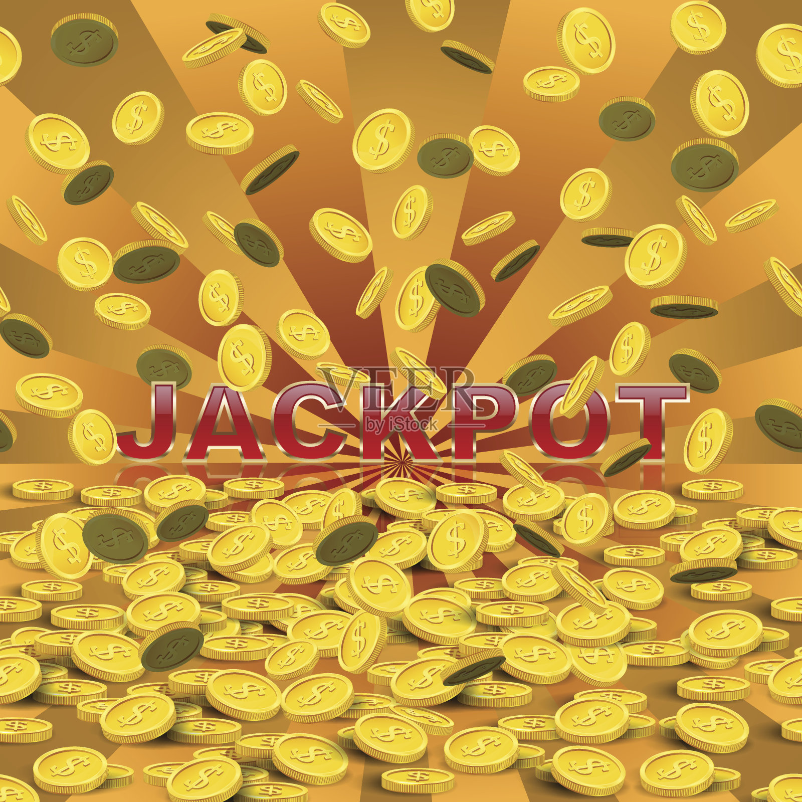 赌场的背景。落硬币在金色条纹背景与大奖字。矢量插图。插画图片素材