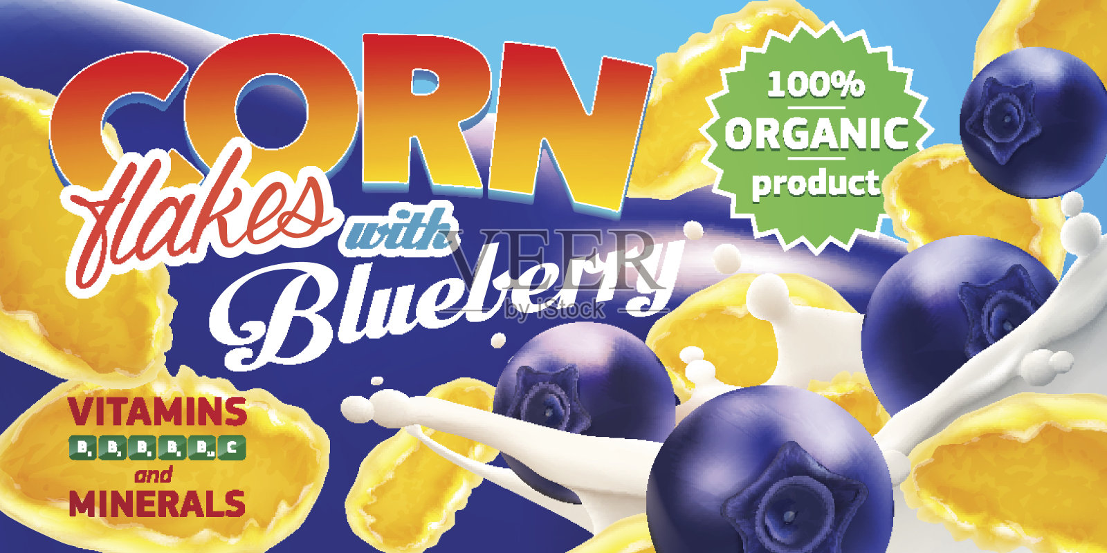 逼真的玉米片与新鲜蓝莓广告插图与大牛奶喷溅。高质量的艺术广告传单，海报或标签设计插画图片素材