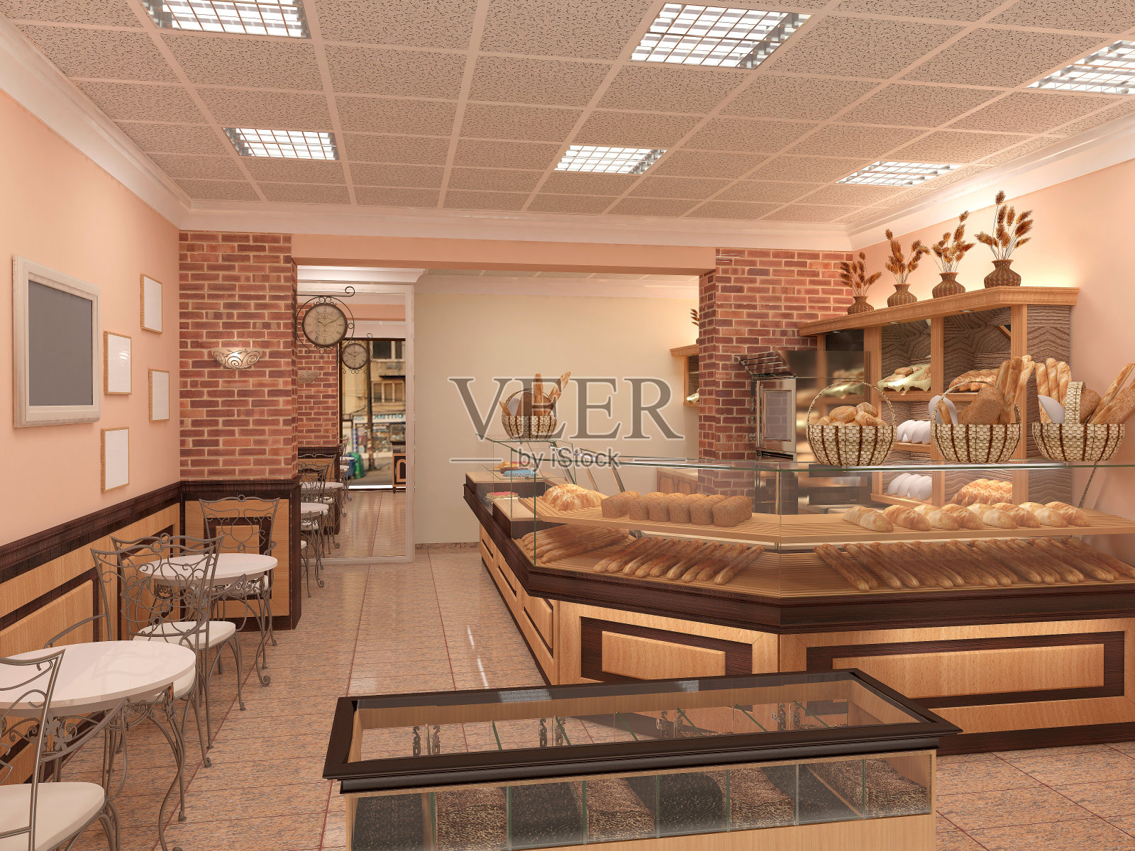面包店室内设计的3d渲染照片摄影图片