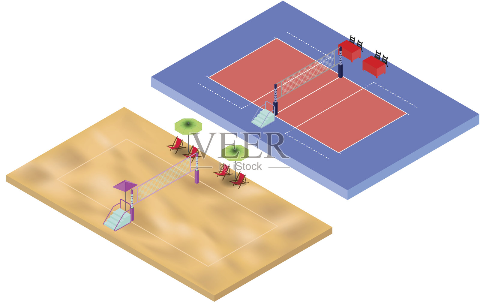 等距排球和沙滩排球操场有网和裁判的地方插画图片素材