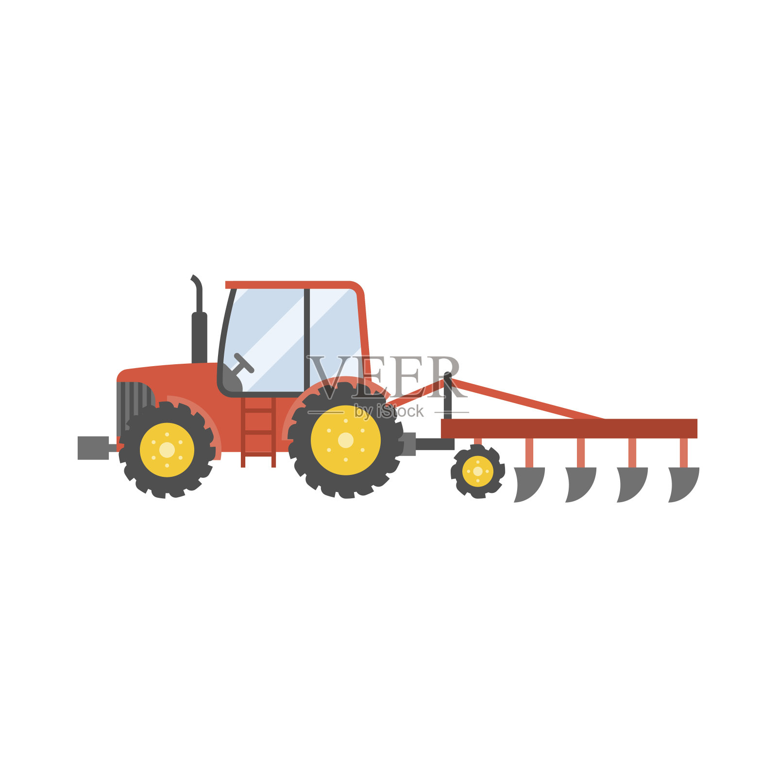 红色拖拉机与犁种植作物图标插画图片素材