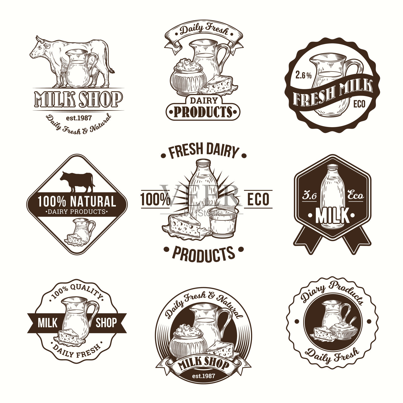 牛奶和乳制品的矢量插图，徽章，贴纸，标签，邮票插画图片素材