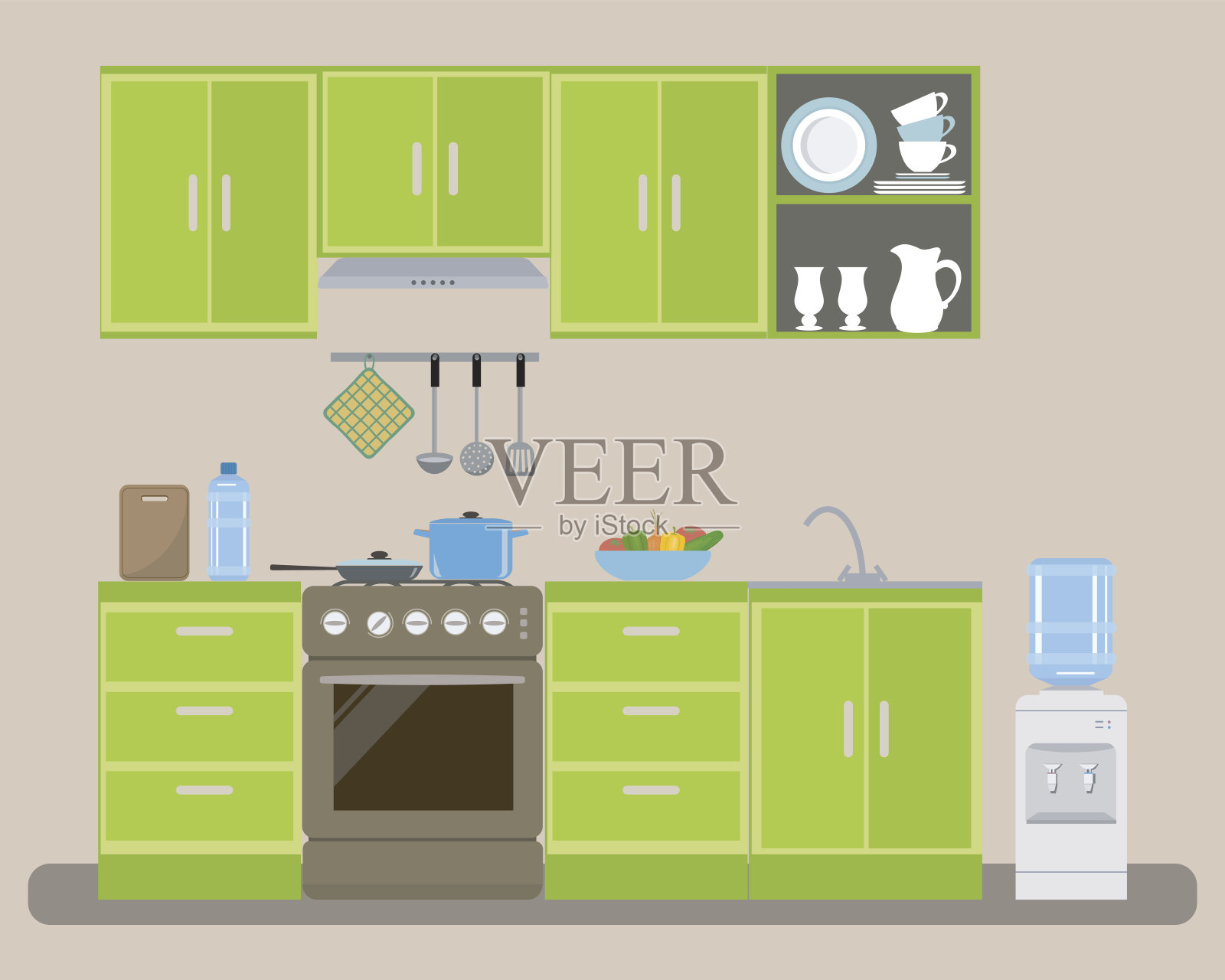 绿色的现代厨房插画图片素材