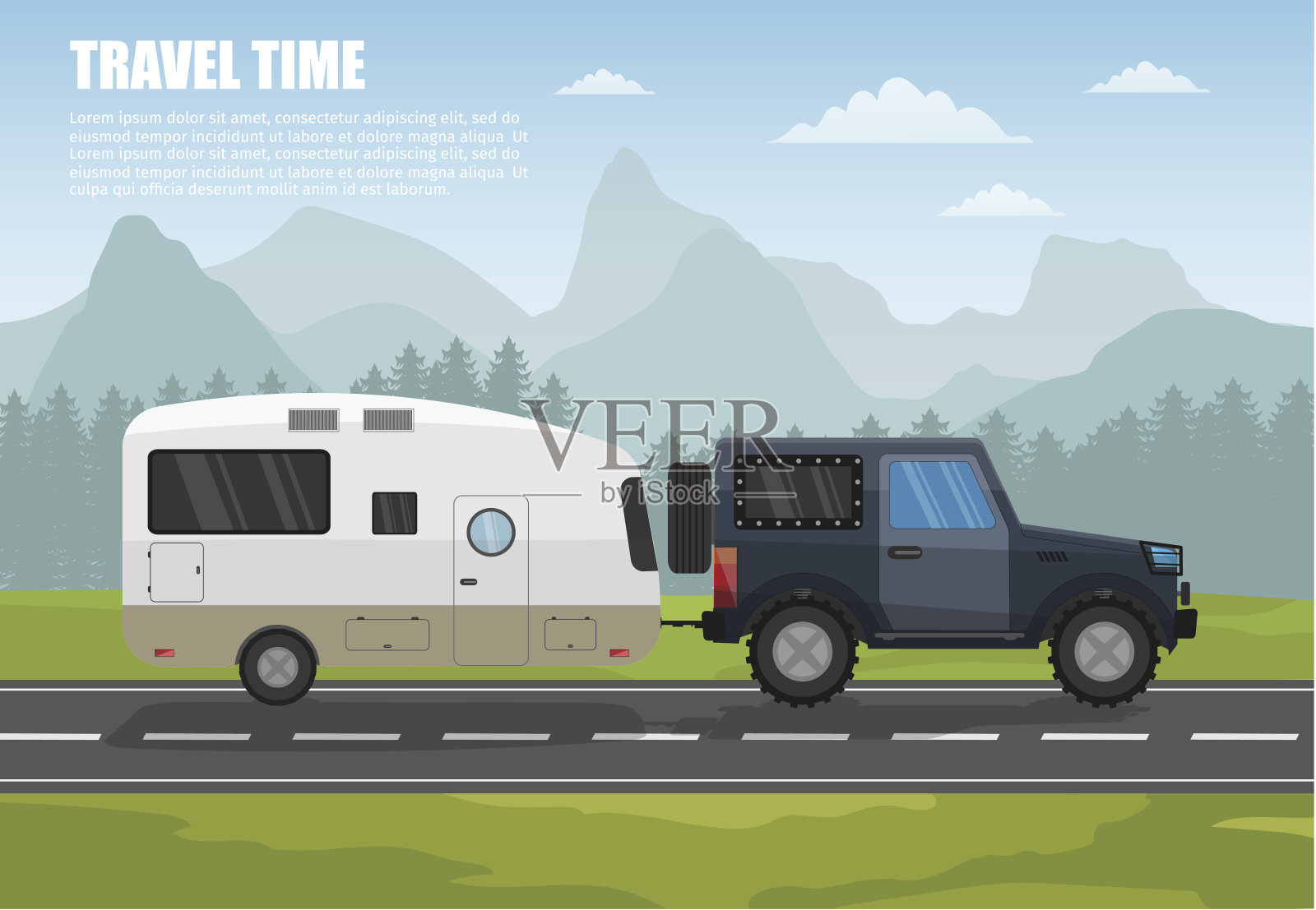 旅行露营拖车户外与山彩色矢量平面横幅和旅游横幅设置。插画图片素材
