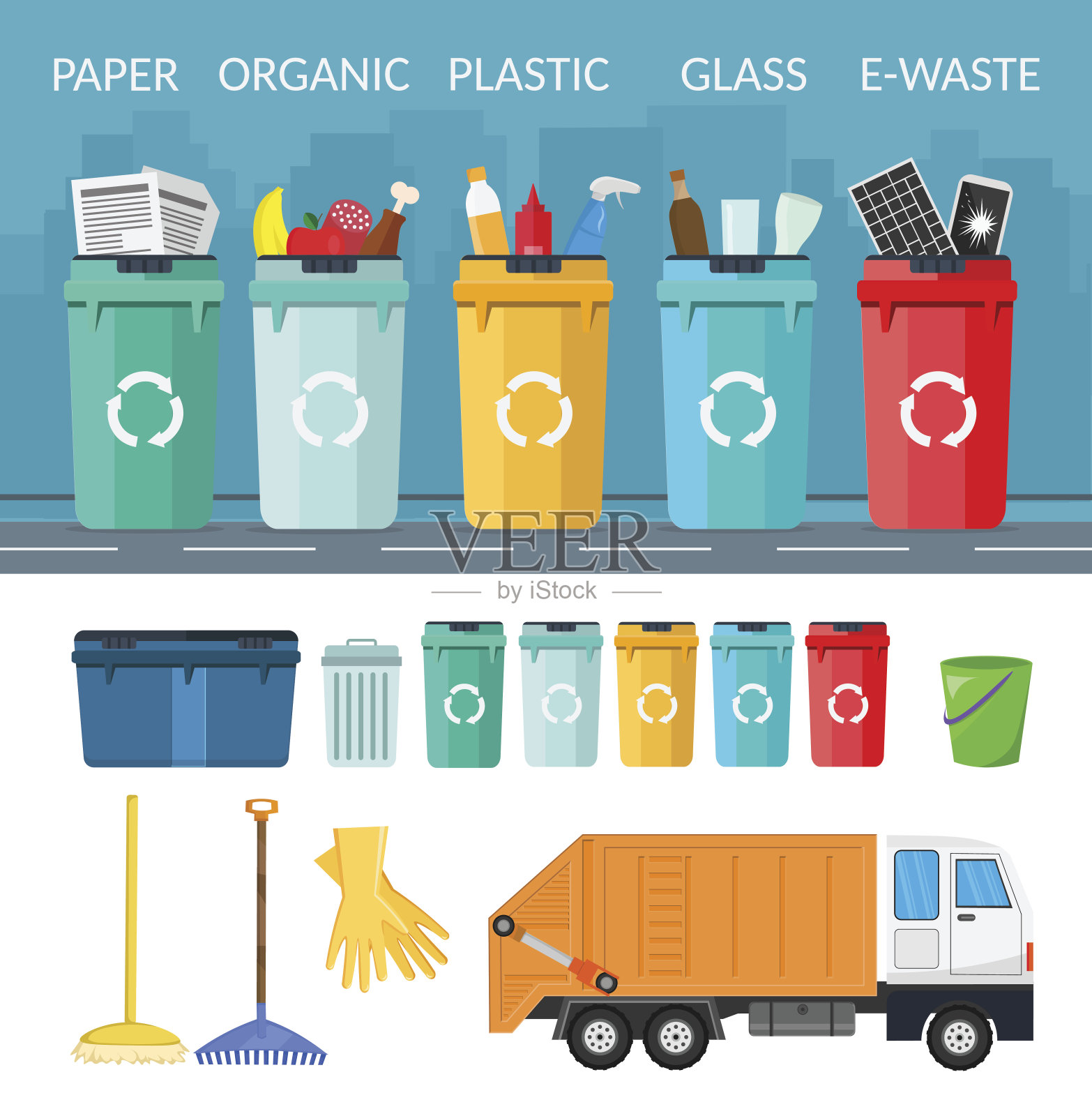 垃圾分类回收箱信息图回收概念船垃圾生态城市平面背景设置插画图片素材