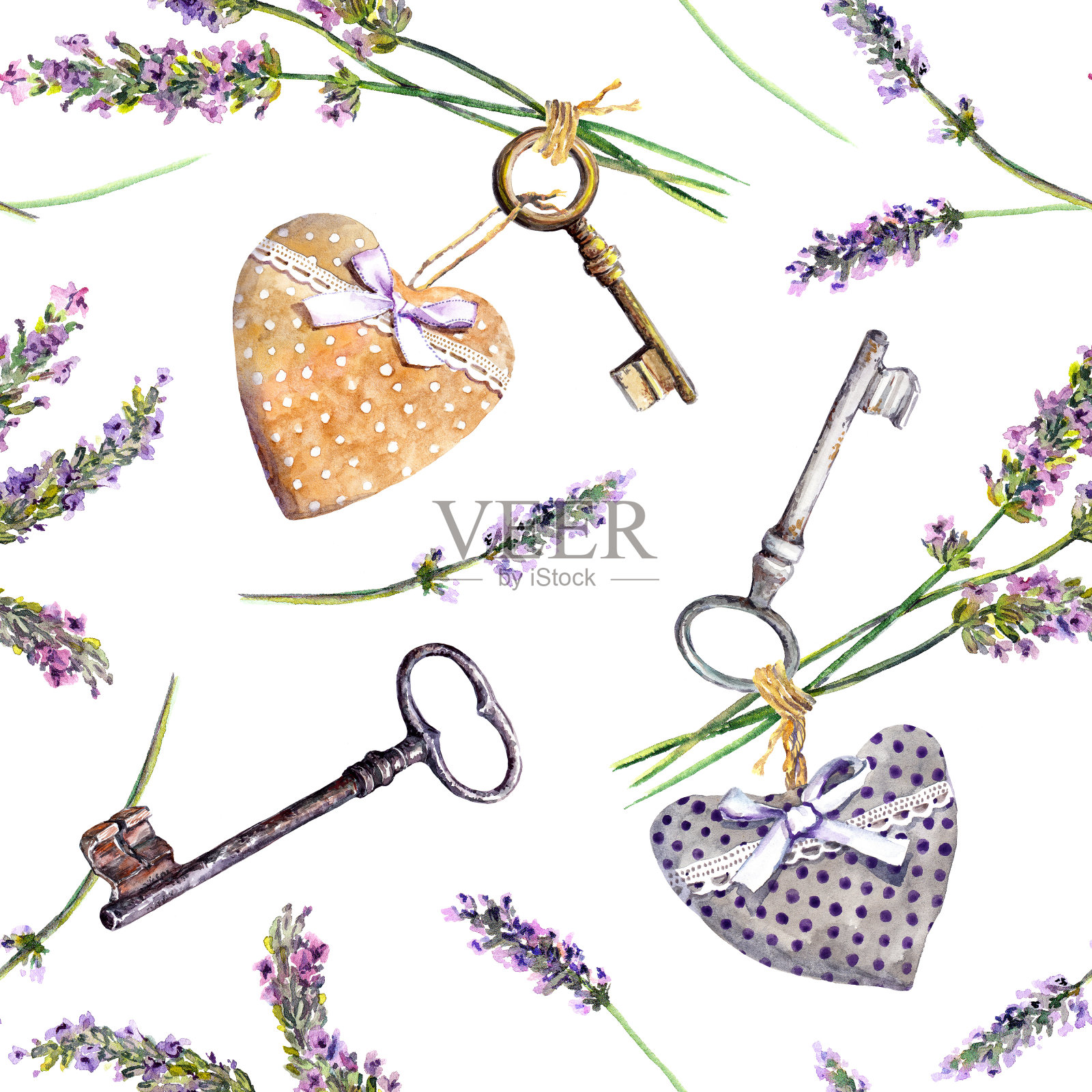 法国乡村背景-薰衣草花，古董钥匙，纺织心形。无缝图案，普罗旺斯乡村风格。水彩插画图片素材