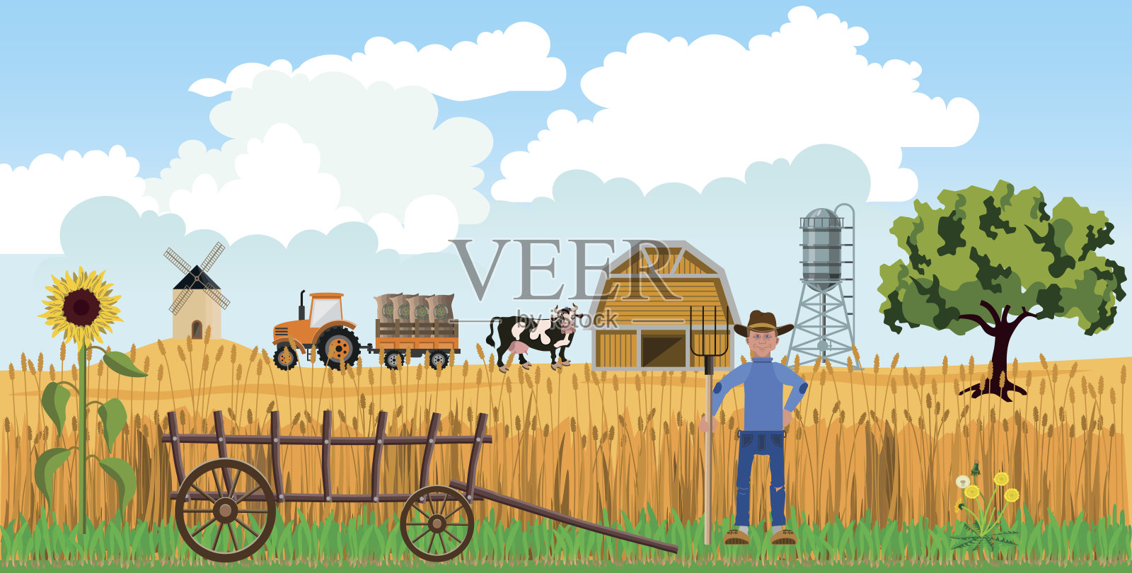 农场背景的农民插画图片素材