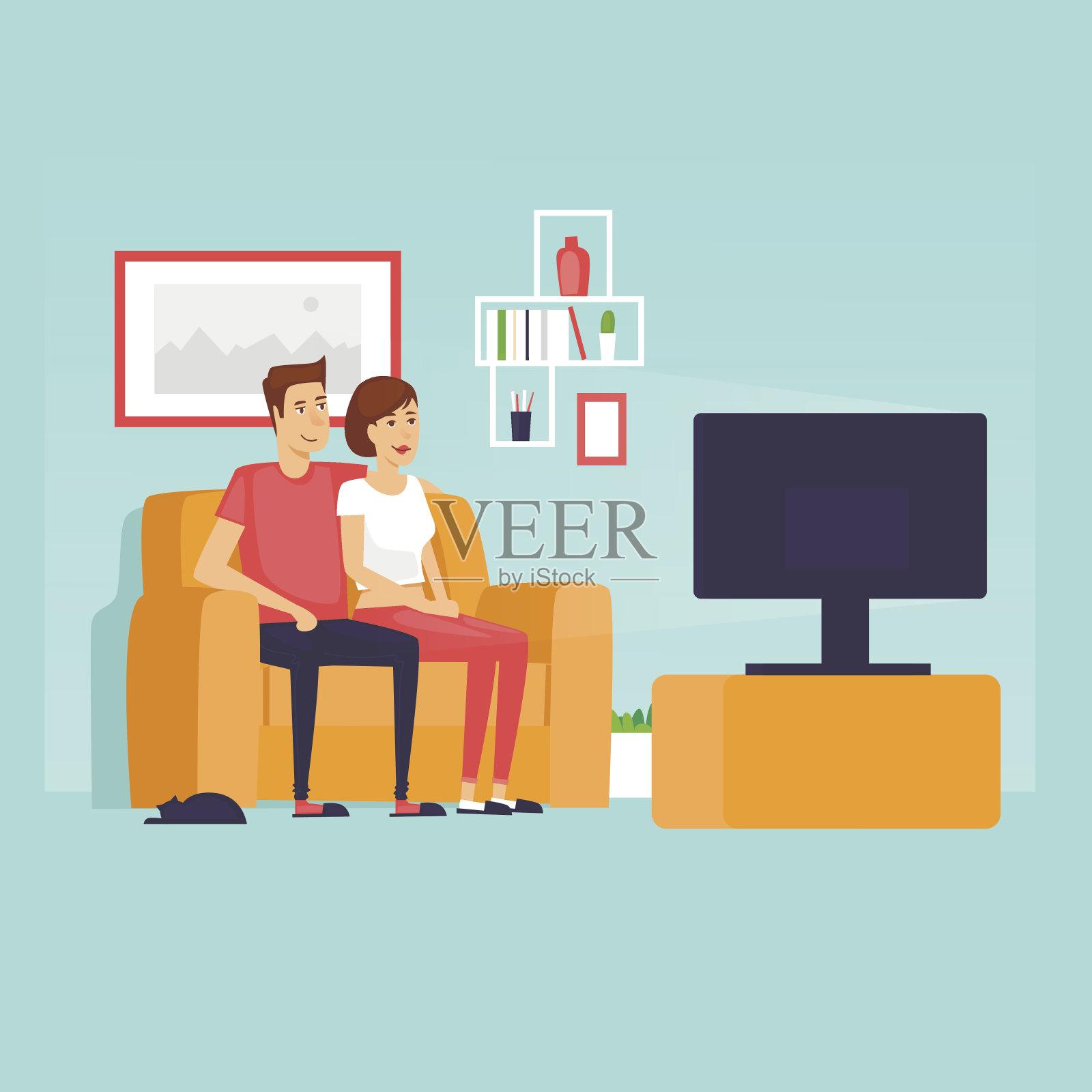 一对夫妇坐在沙发上看电视。平面设计矢量插图。插画图片素材
