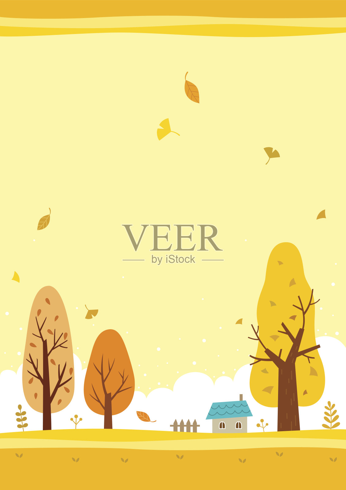 秋天的风景与黄色的天空和黄色的树木插画图片素材