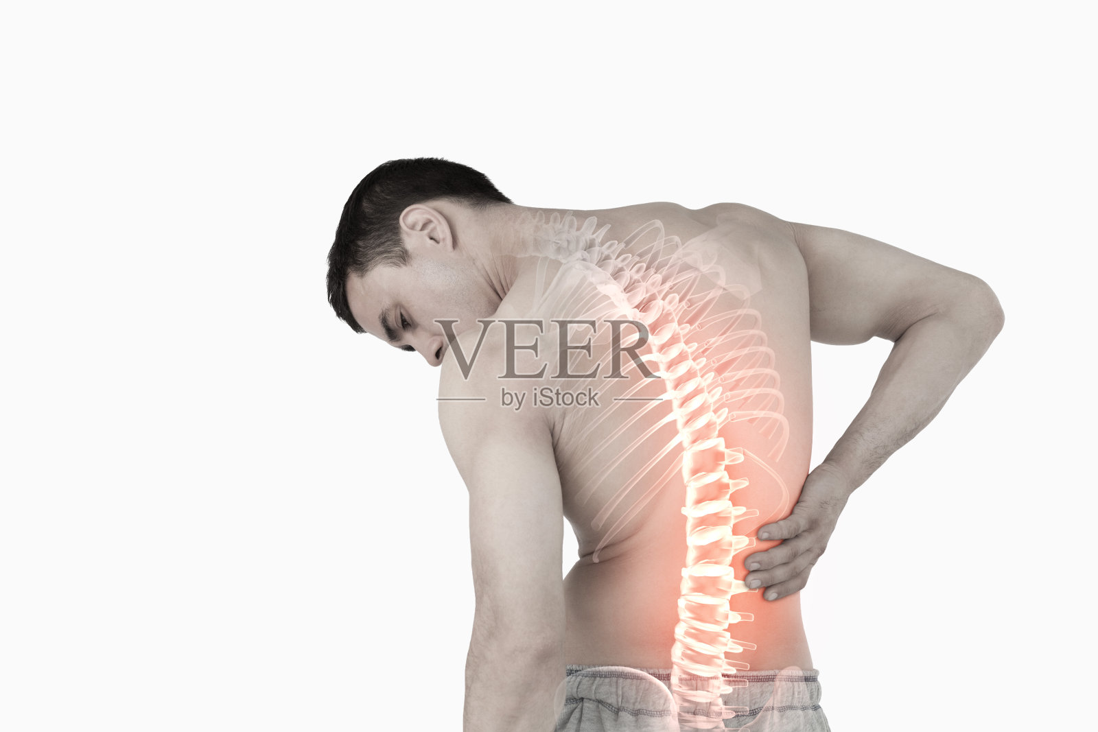 突出了背部疼痛的男人的脊柱照片摄影图片