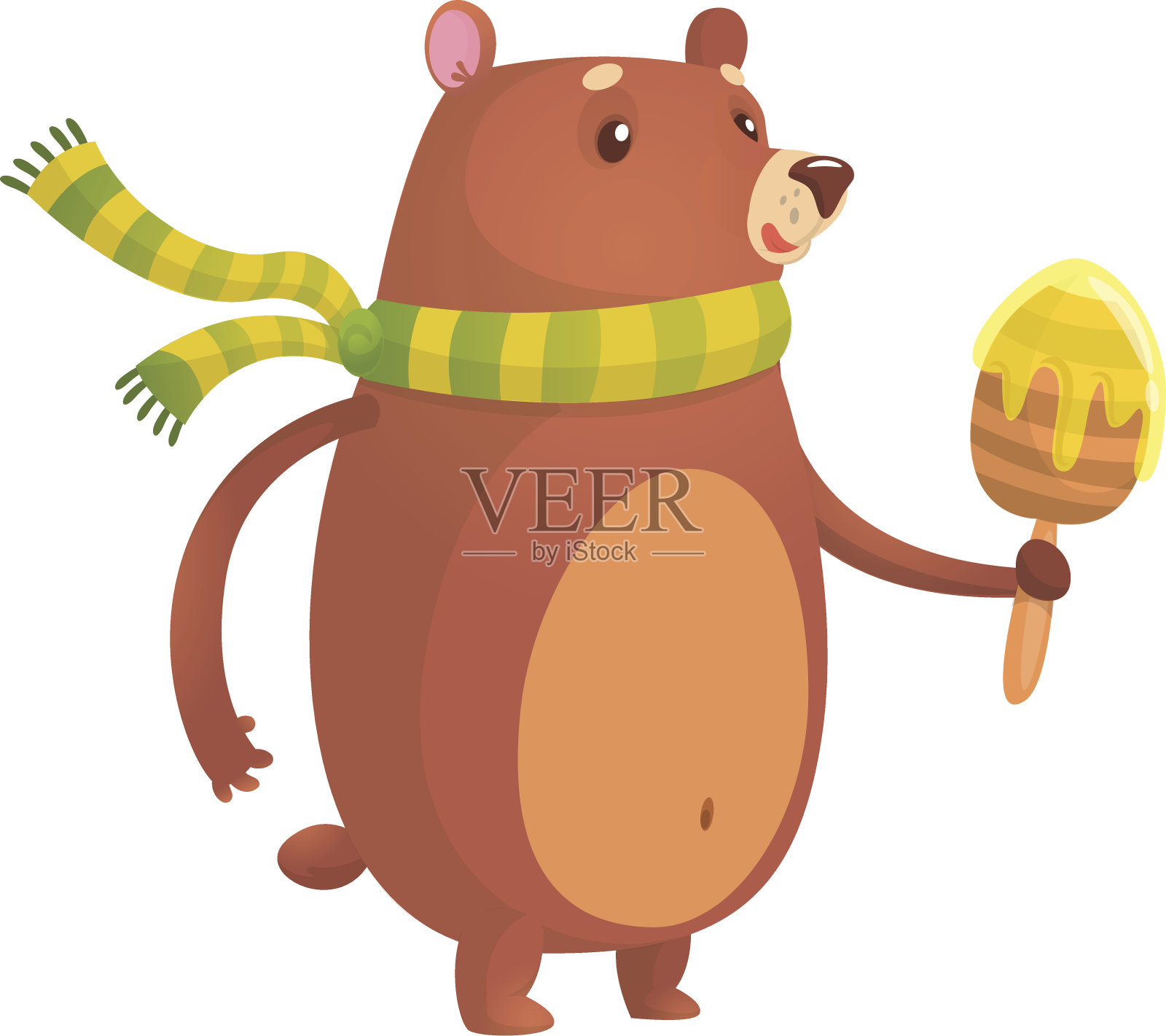 快乐的卡通棕熊和蜂蜜木棍。矢量插图孤立插画图片素材