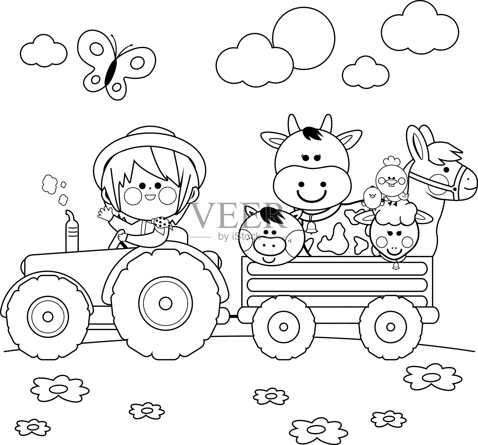 农家男孩开着拖拉机，驮着家畜。黑白涂色书页设计元素图片