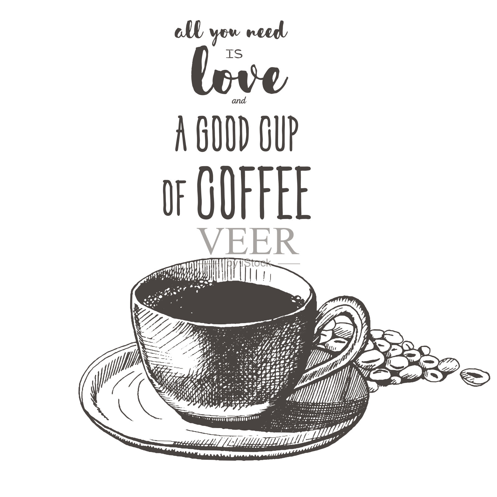 一个咖啡杯和咖啡豆的草图。在墨水。设计元素图片