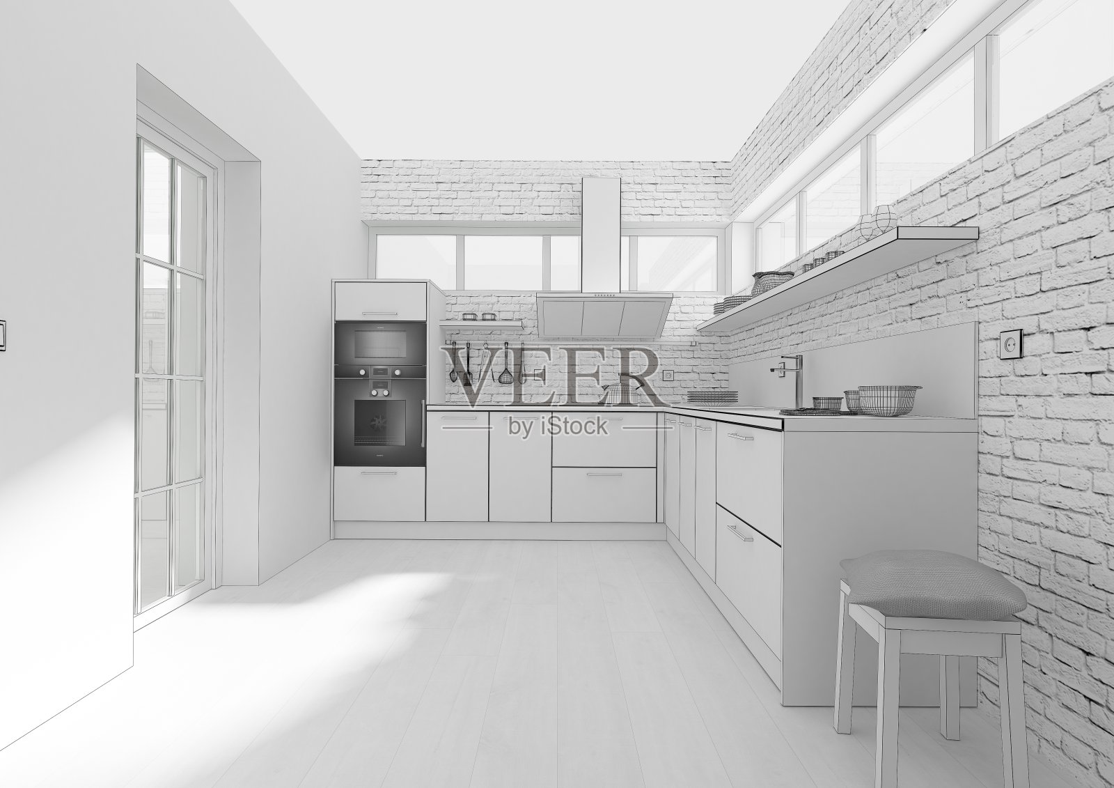 厨房室内网格3D渲染照片摄影图片
