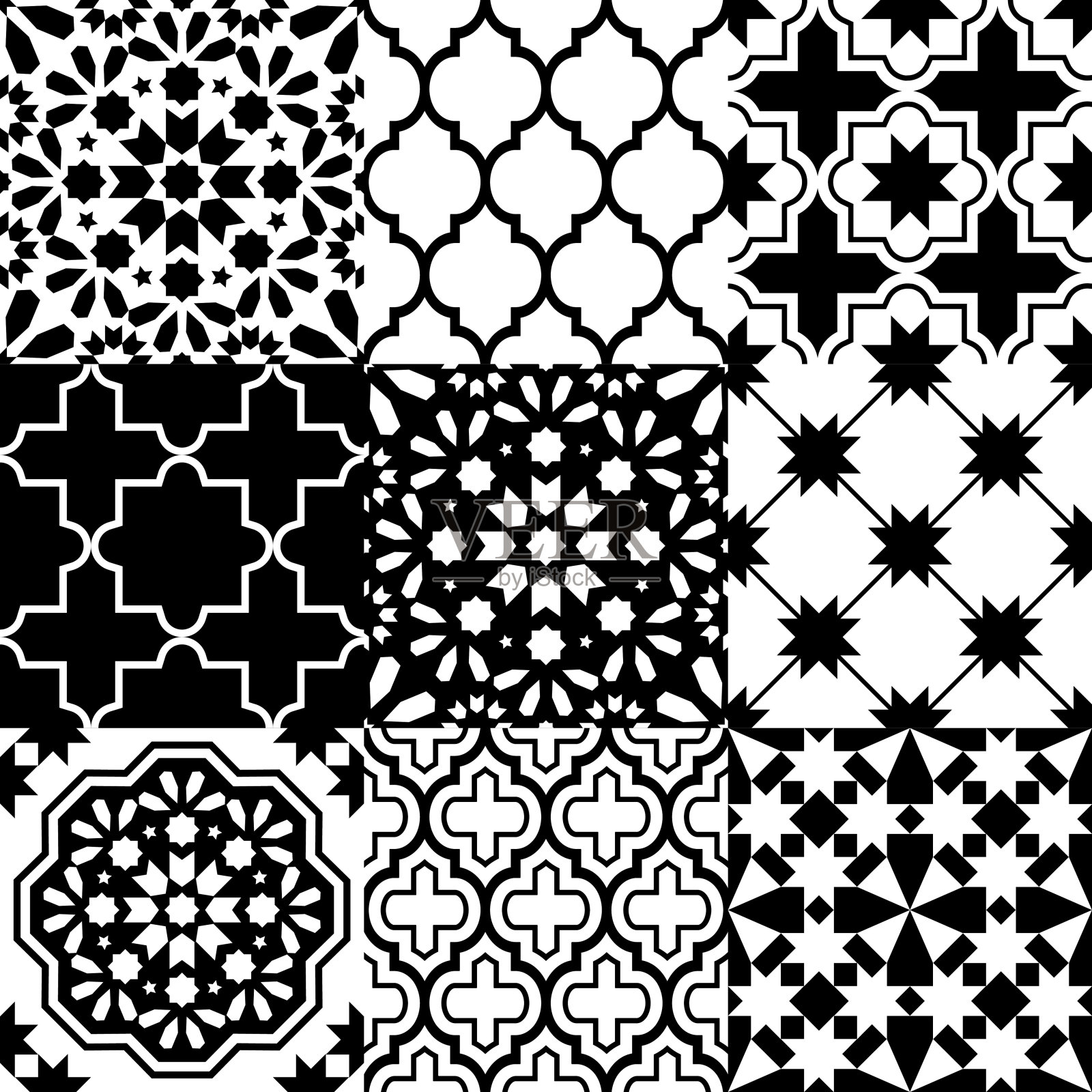摩洛哥瓷砖设计，无缝黑色图案系列插画图片素材