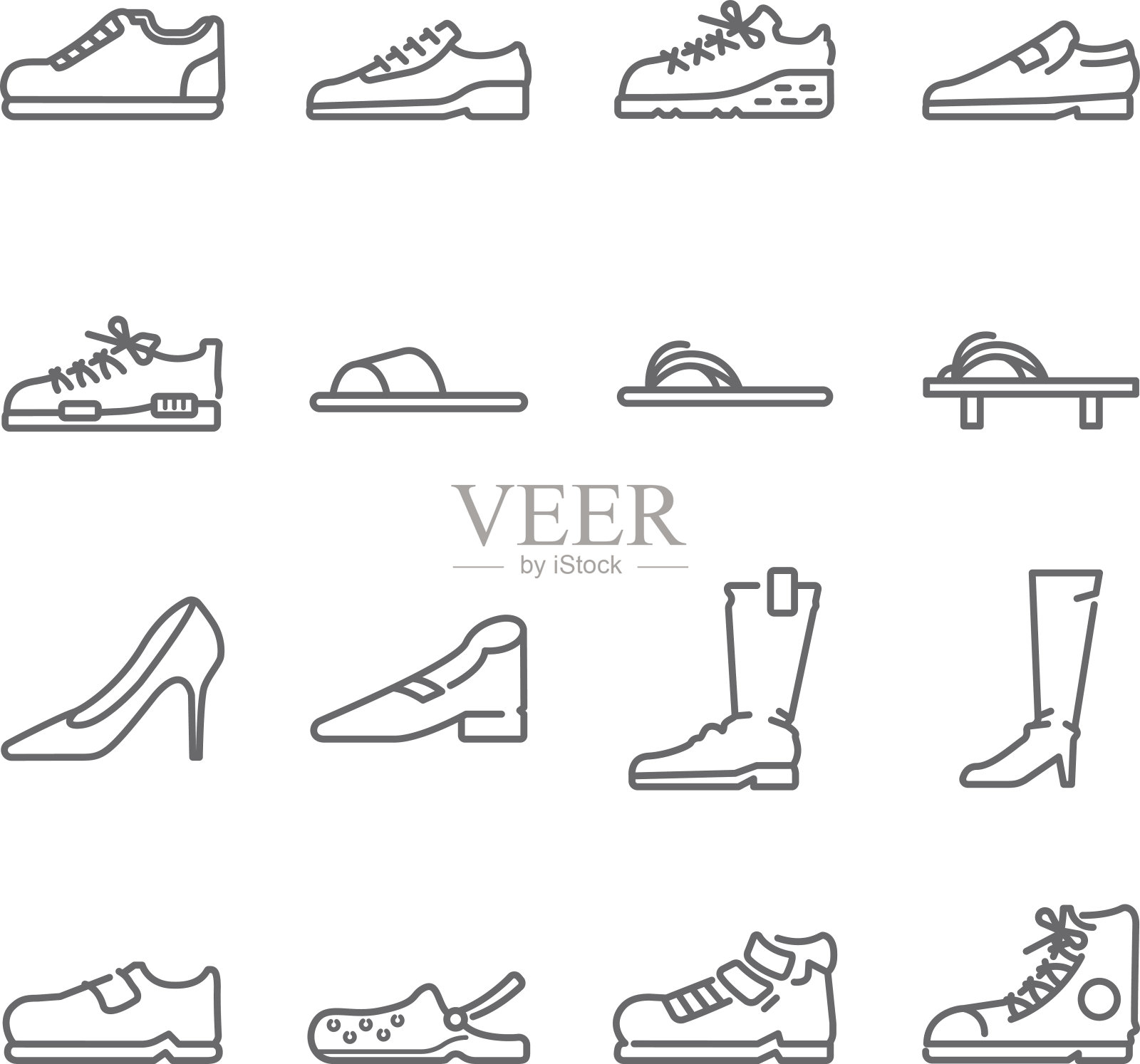 鞋线图标设置。包括凉鞋，鞋子，靴子，运动鞋，拖鞋和更多的图标。图标素材