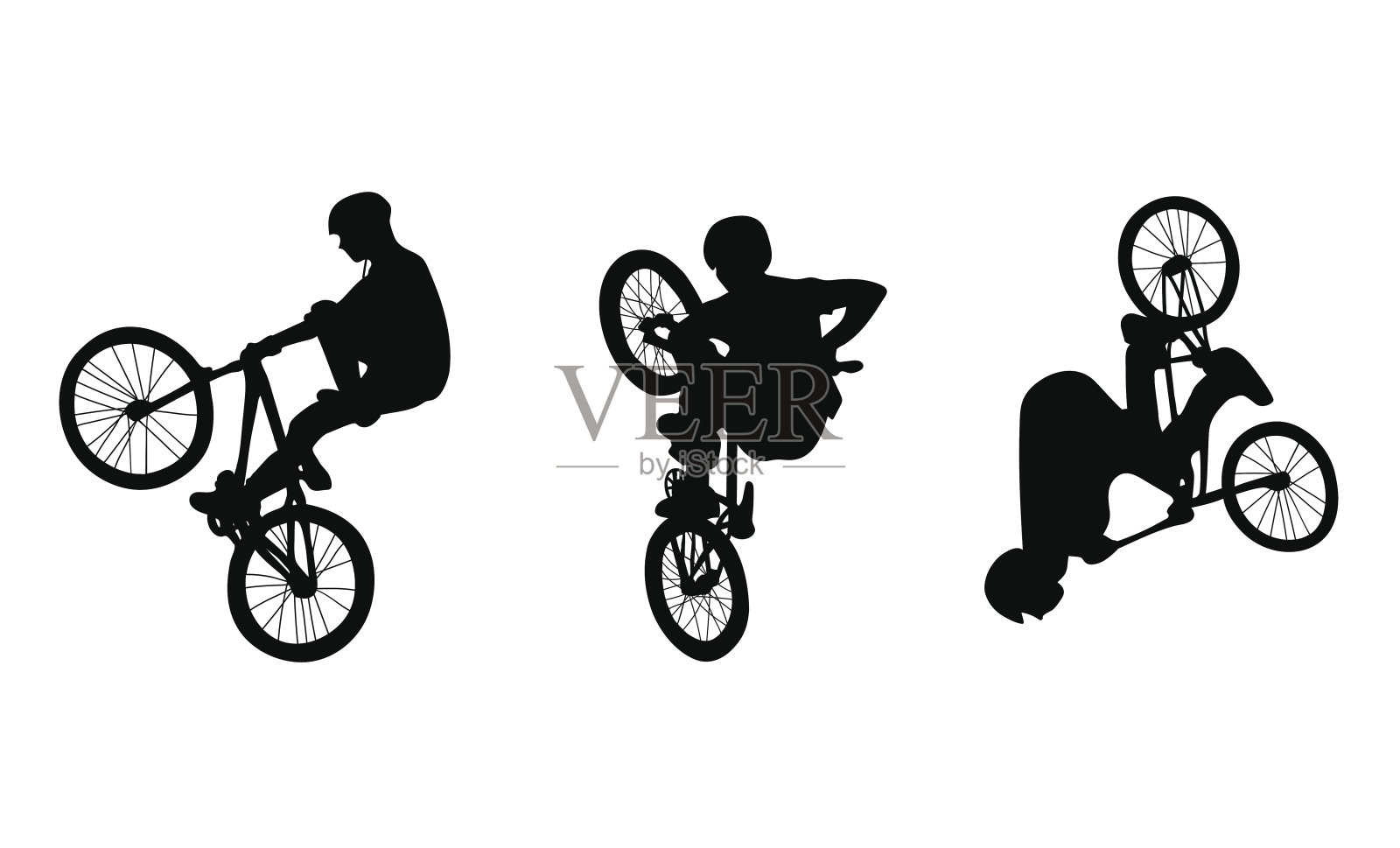 设置三个骑自行车的人做特技在白色的背景插画图片素材