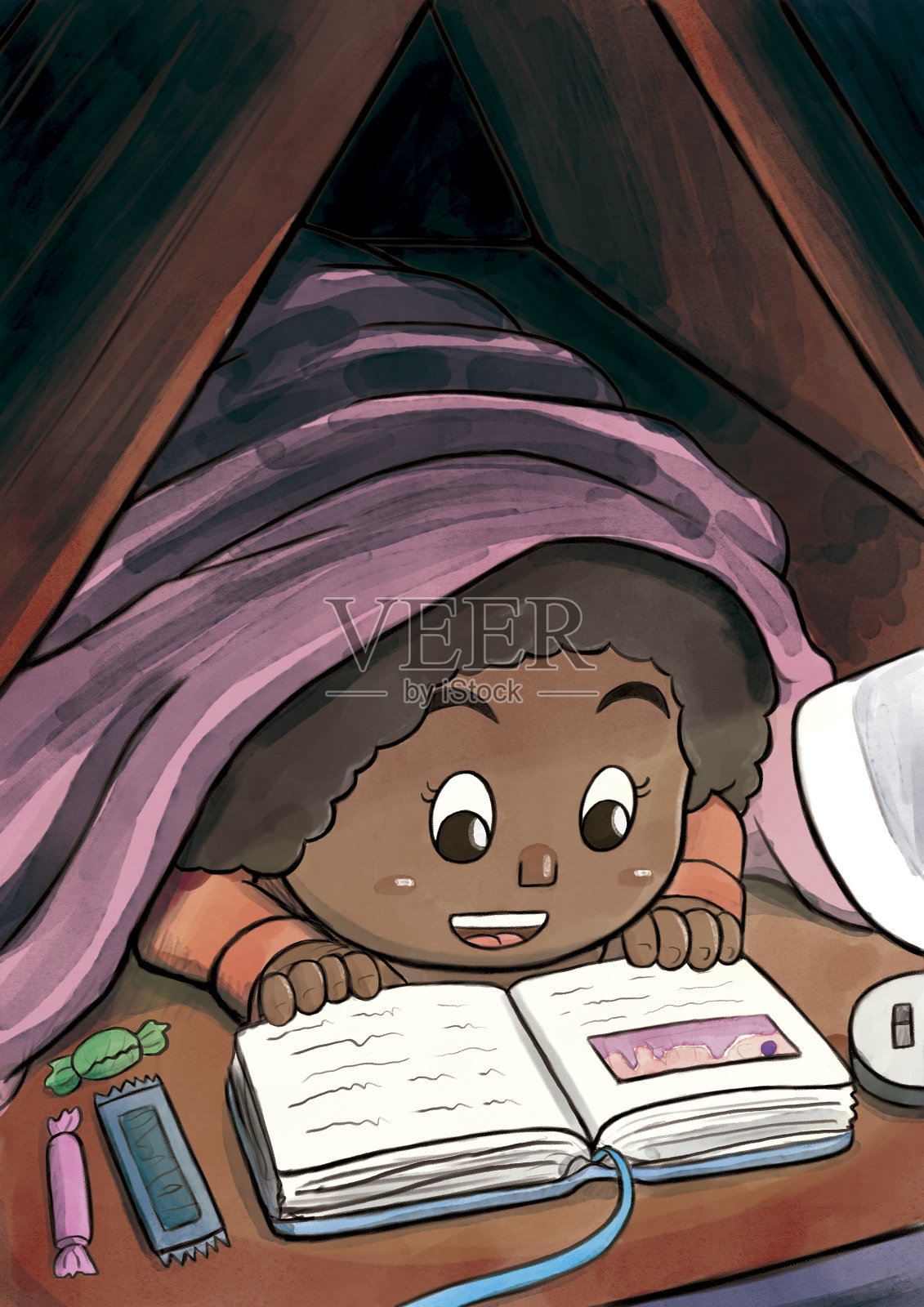 躲在毯子下看图画书的孩子(黑女孩)插画图片素材