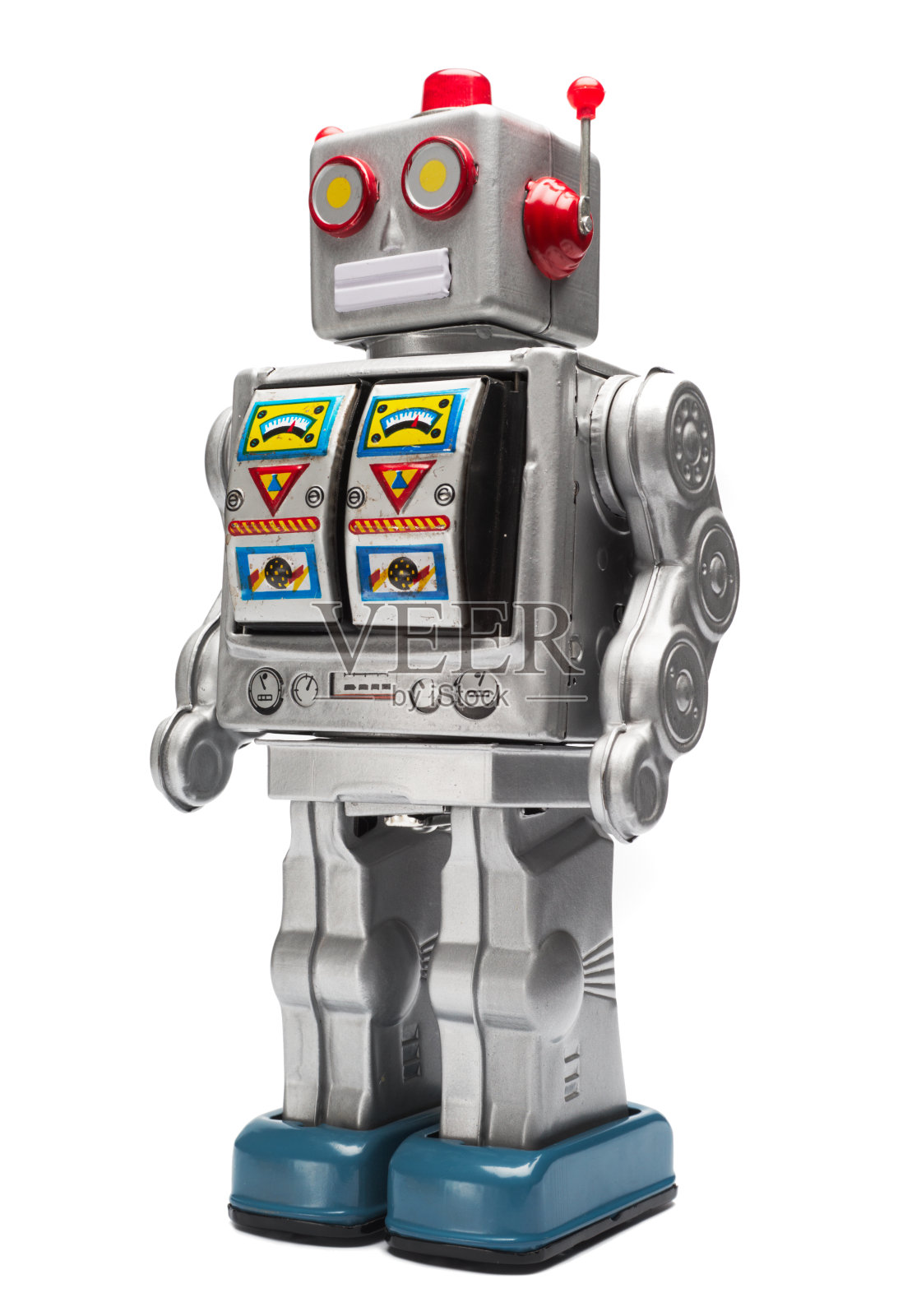 银色玩具锡机器人与图标照片摄影图片