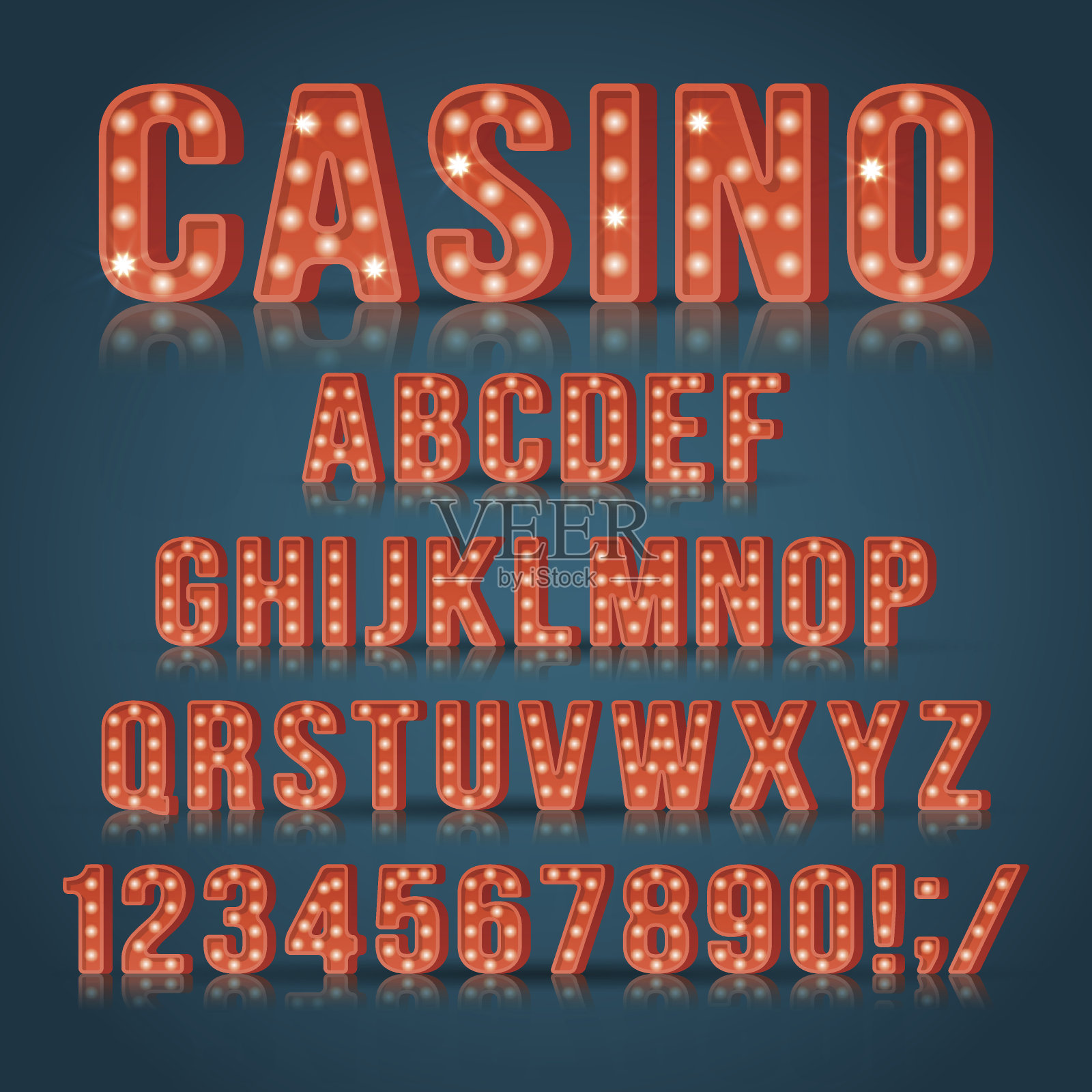 用于赌场标识设计的复古灯泡字母和数字。现实主义者矢量图设计元素图片