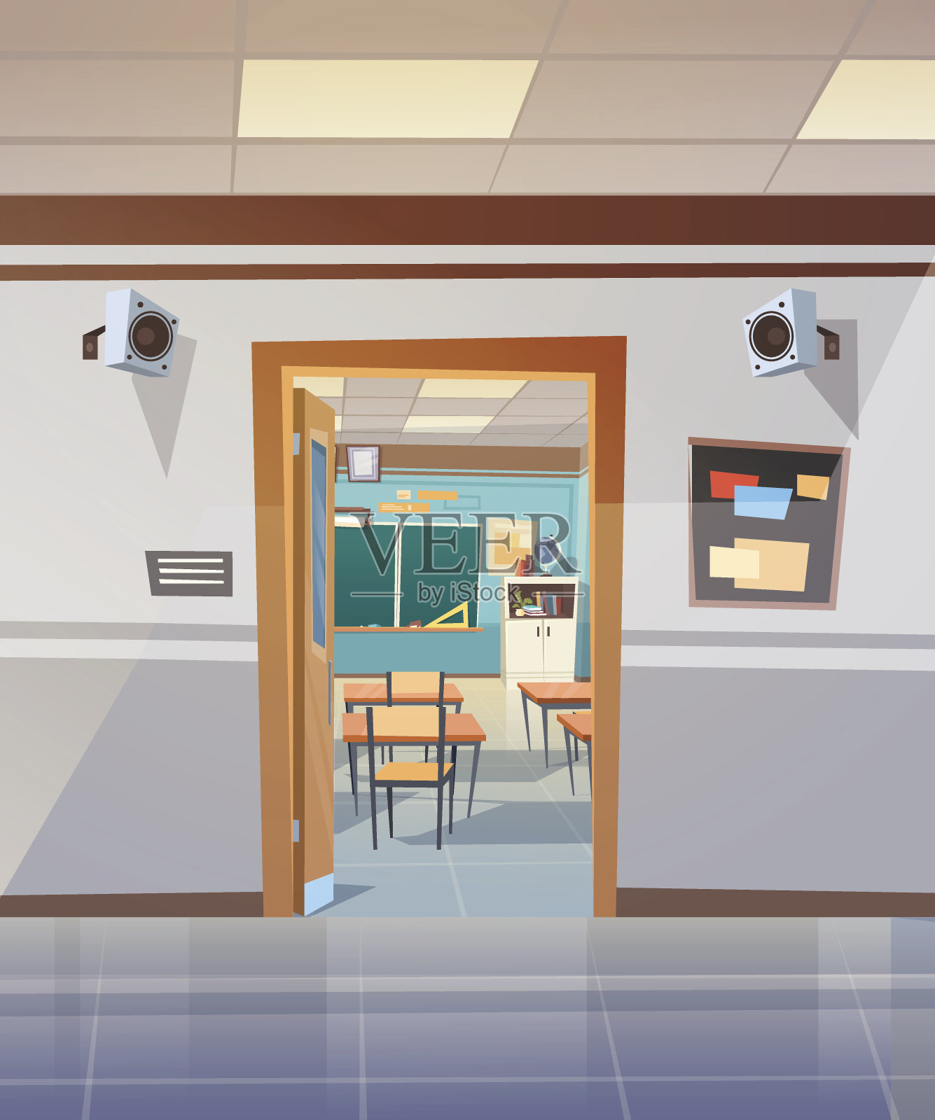空的学校走廊与教室开放的门插画图片素材
